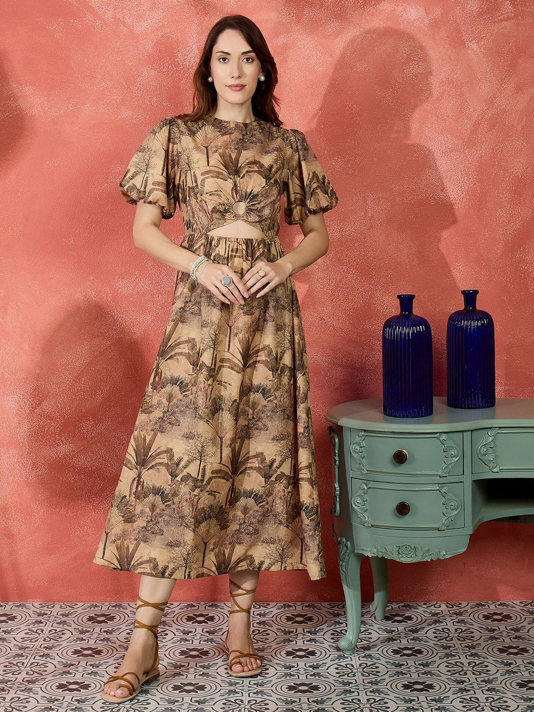 IVY BY KIBO Tropical Printed Puff Sleeves Cotton Fit & Flare Cut-Outs Detail Midi Dress
