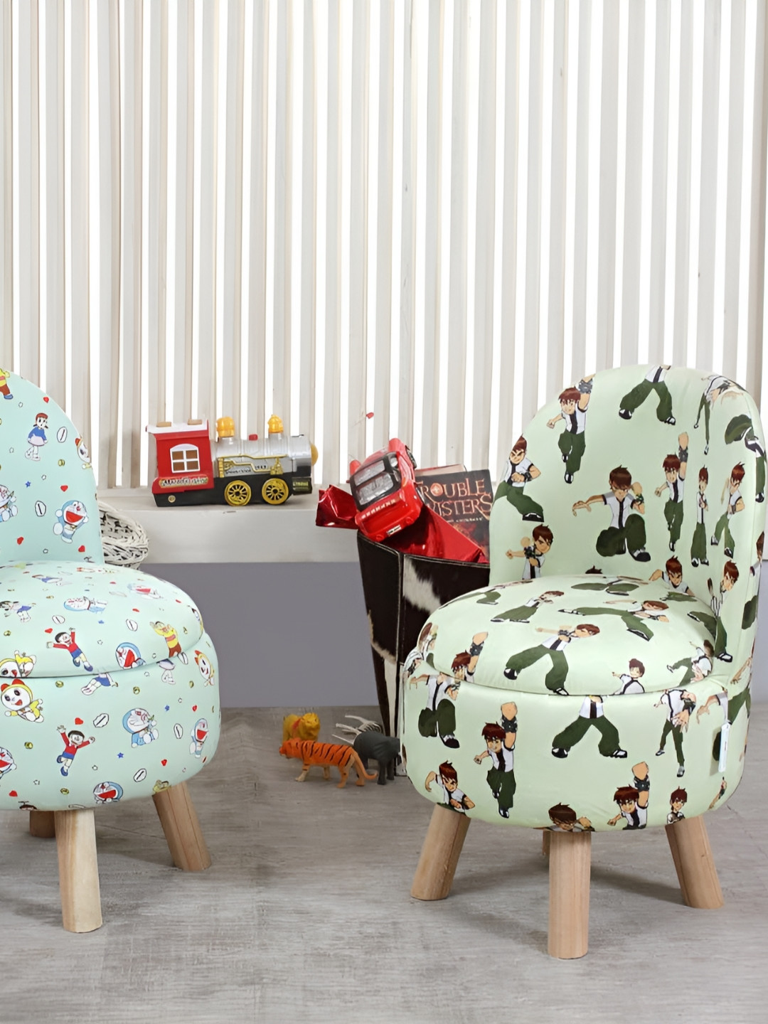 Shadowkart 2-Pcs Green & Blue Printed Wooden Anti-Flip Pouffe Ottomans