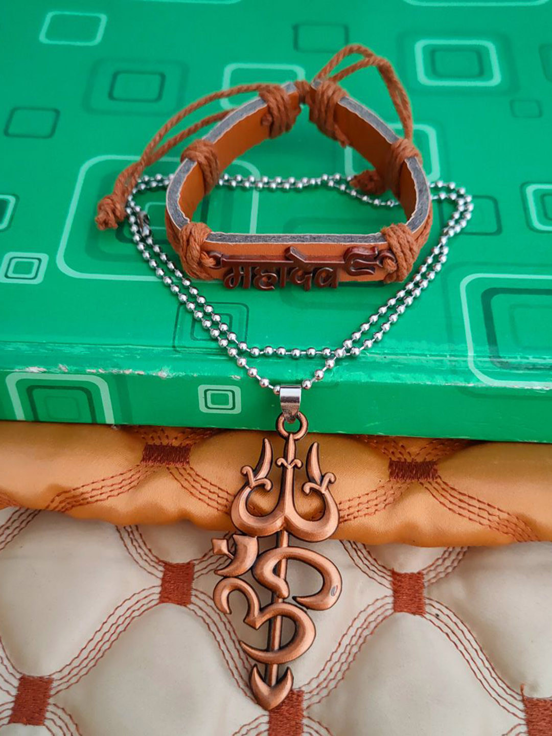 M Men Style Gold-Plated Contemporary Pendants With Leather Bracelet