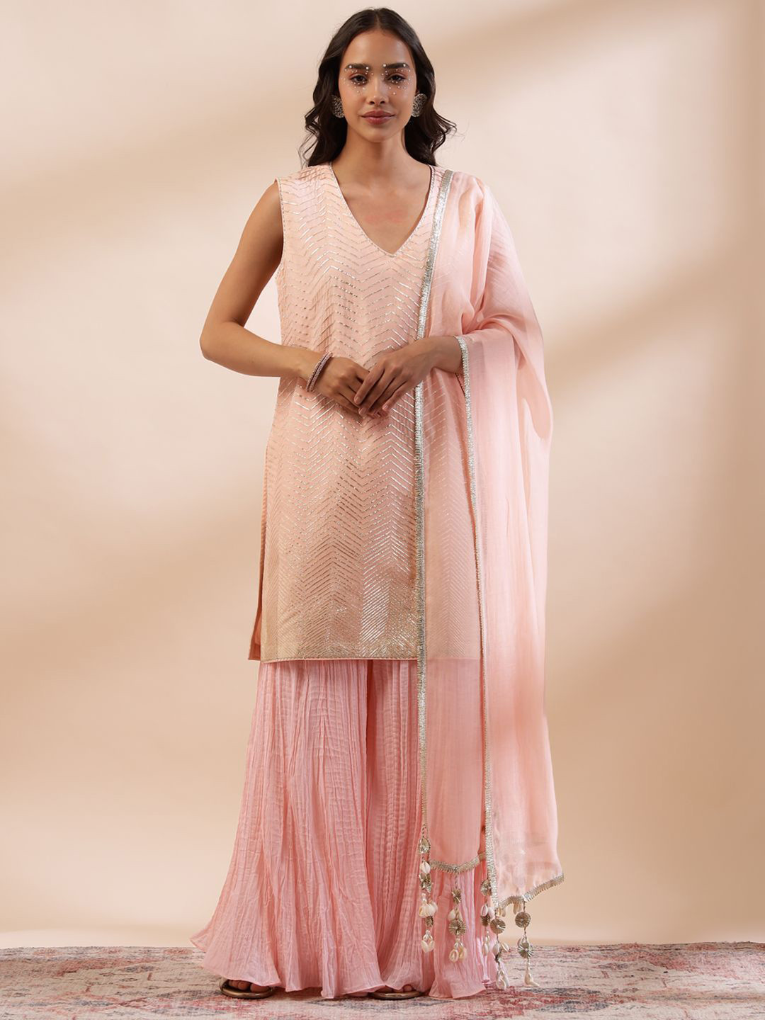 Kyra Chevron Self Deign V Neck Gotta Patti Chanderi Cotton Kurta With Sharara & Dupatta