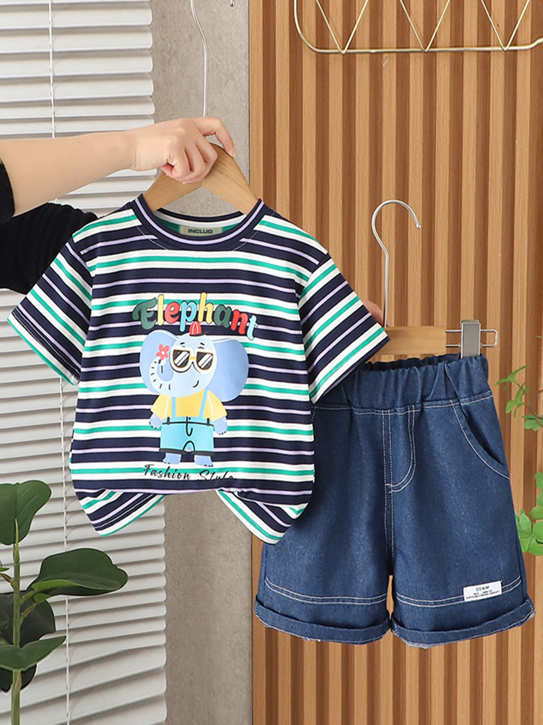 INCLUD Boys Striped Elephant Graphic T-Shirt With Shorts