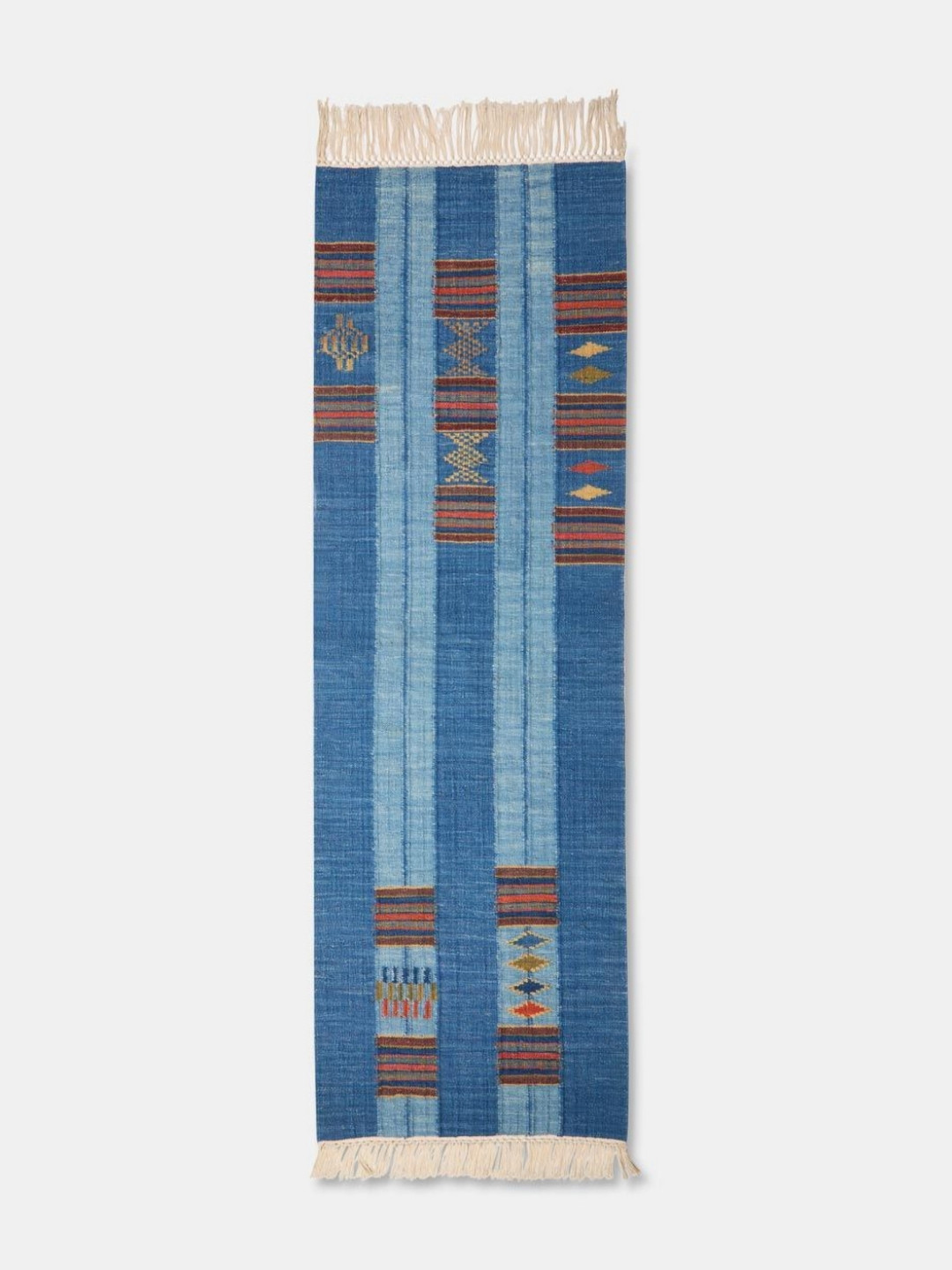 Fabindia Blue & Yellow Printed Woven Wool Floor Runner