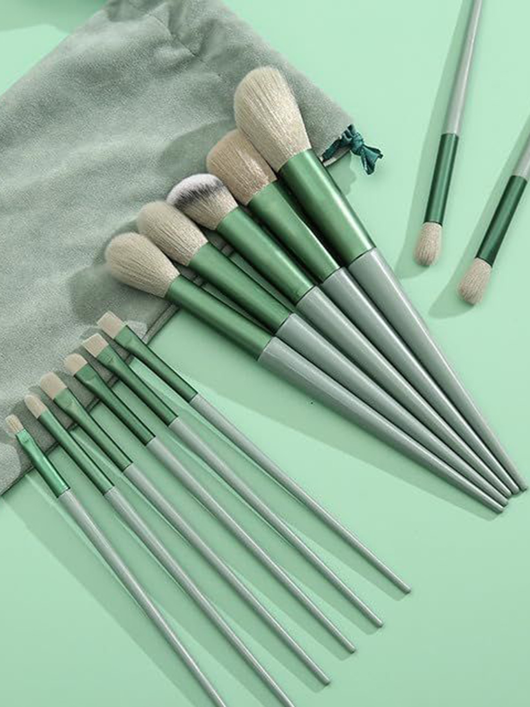 KAZARMAA Set Of 13 Essential Makeup Brush With Velvet Bag Storage - Green