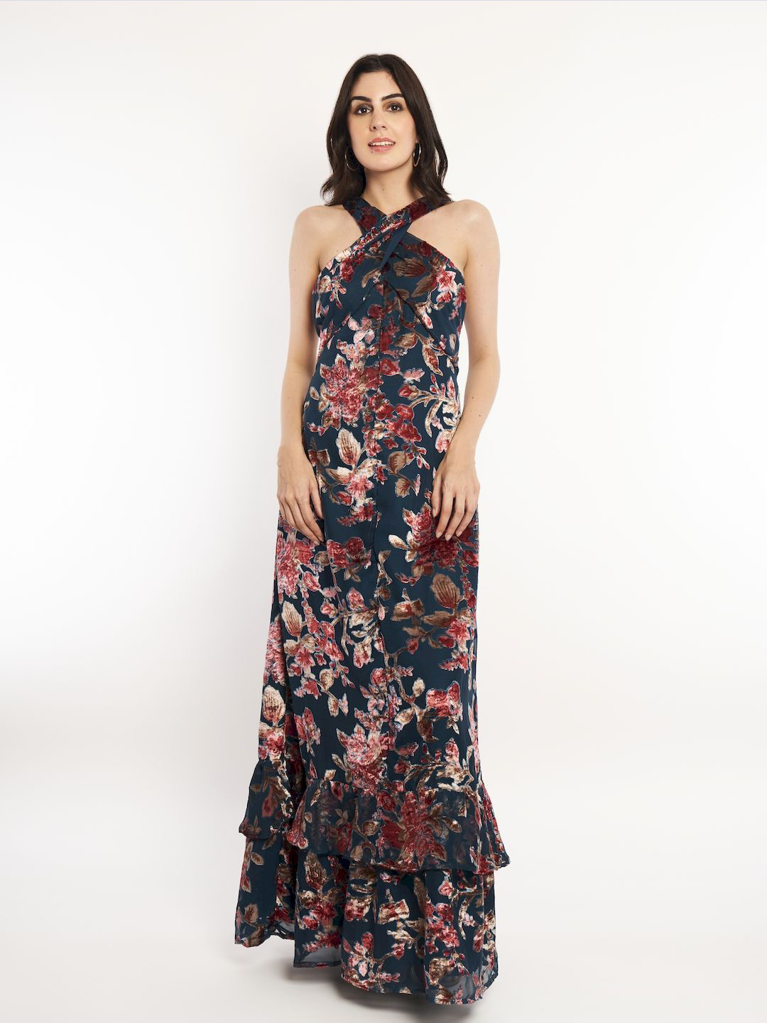 How When Wear Women Floral Print Halter Neck Layered Gown Dress