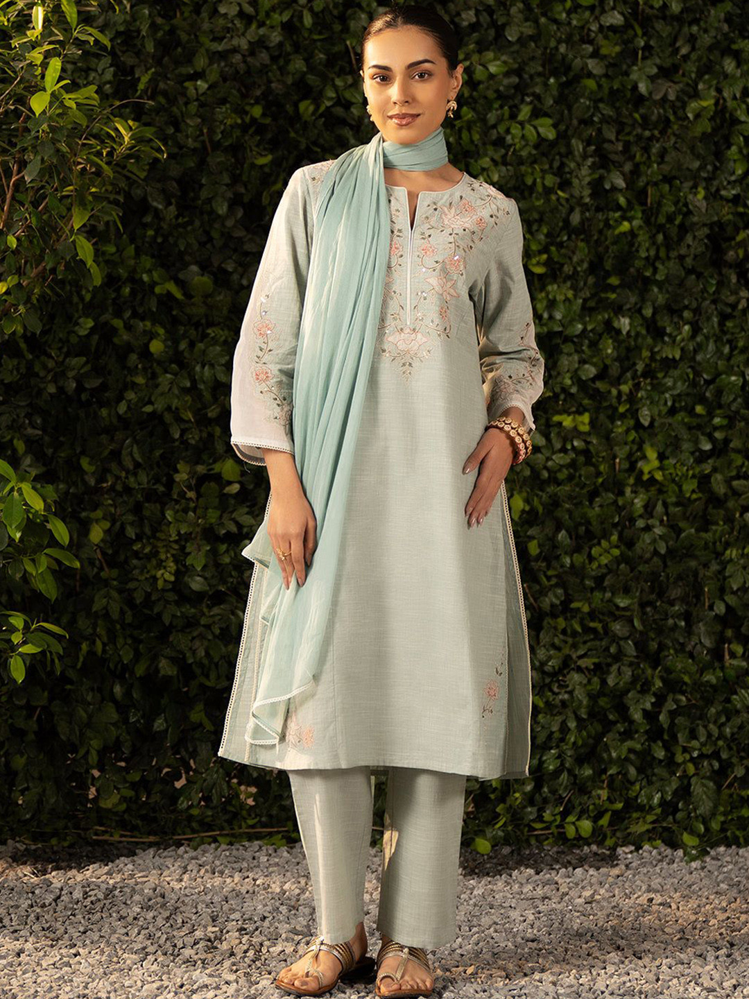 Lakshita Light Green Embroidered Chambray Kurta Set with Dupatta for Women