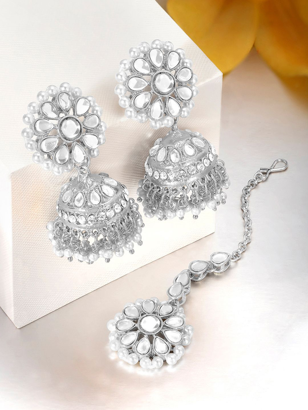 Peora Silver-Plated Cubic Zirconia Studded Jewellery Set With Maangtikka