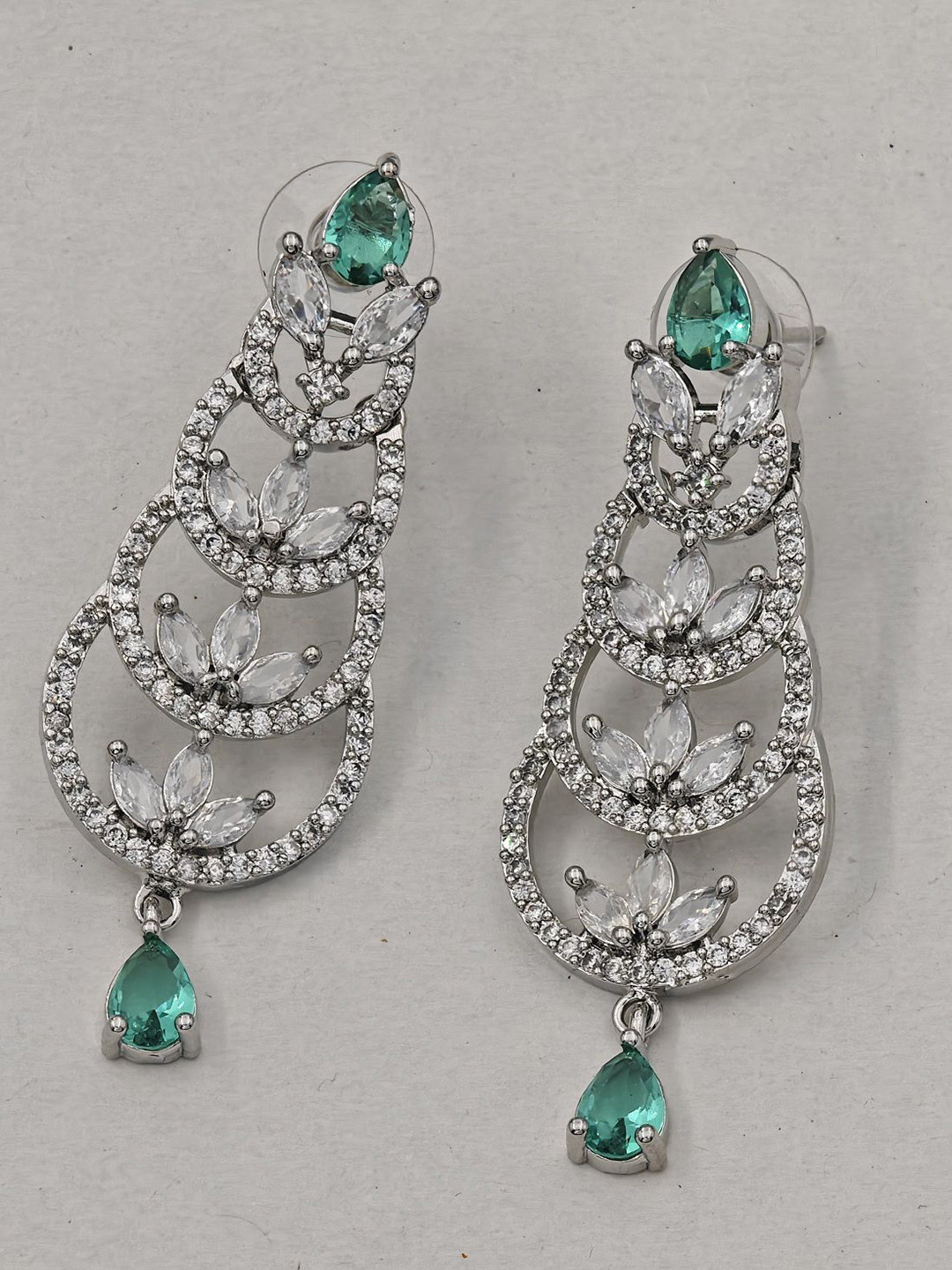 Gemron Jewel Rhodium-Plated American Diamond Studded Contemporary Drop Earrings