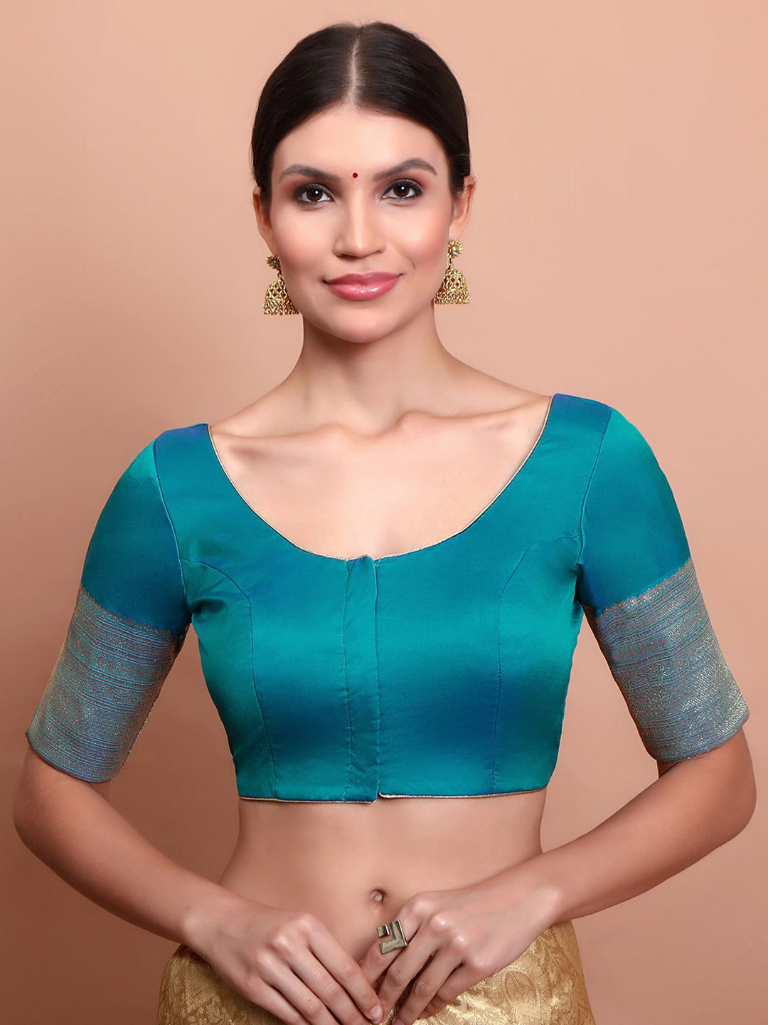 SALWAR STUDIO Woven Designed Silk Round Neck Saree Blouse