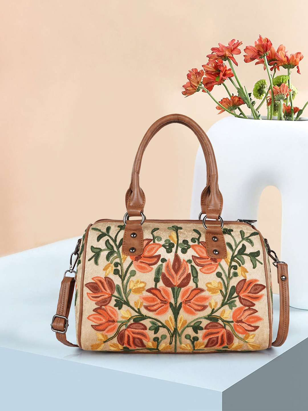 VELUCIA Floral Embellished Oversized Quilted Structured Satchel