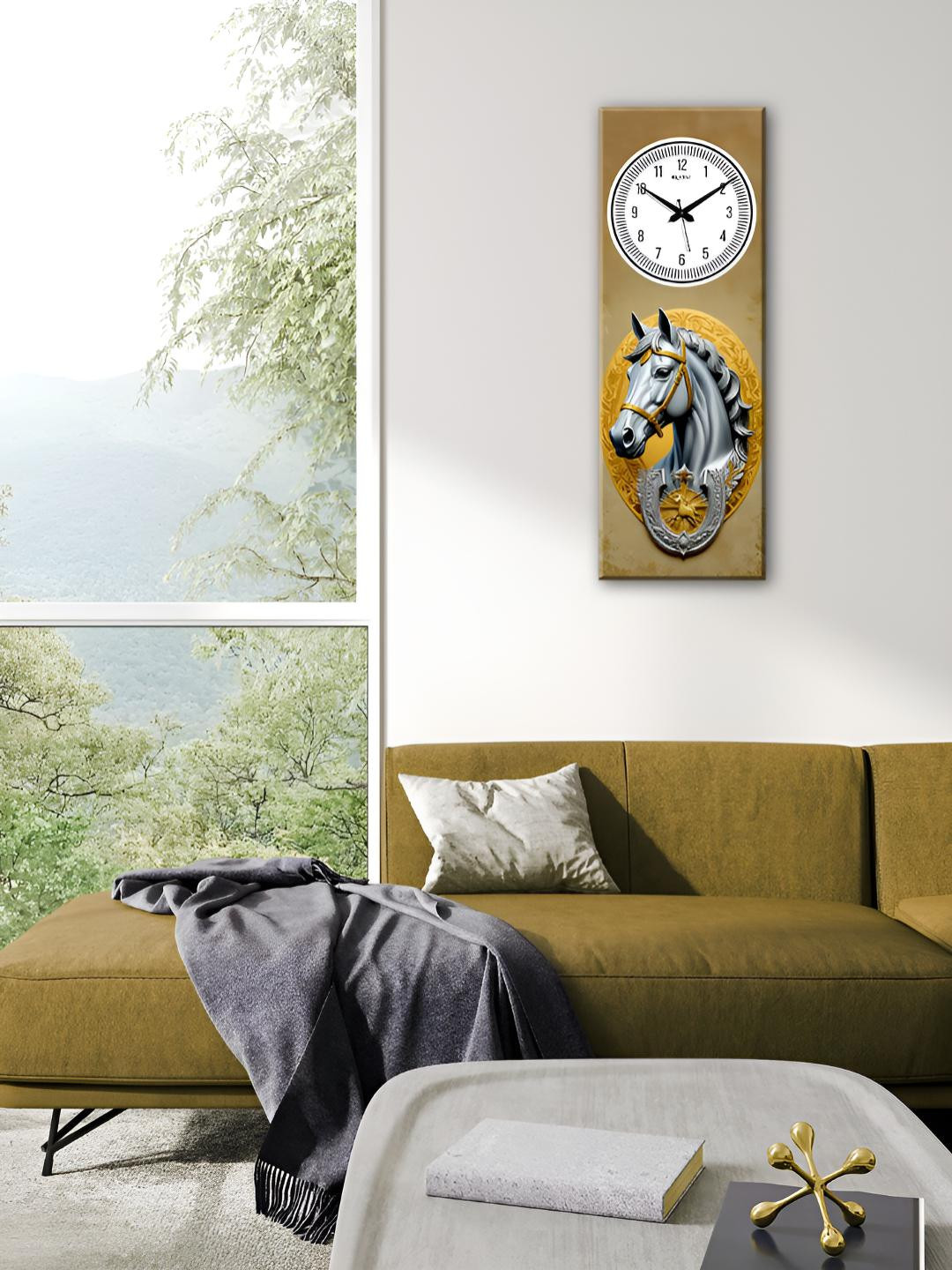 OLIVE TREE Brown Wood Large Display Rectangle Battery Analogue Horse Wall Clock