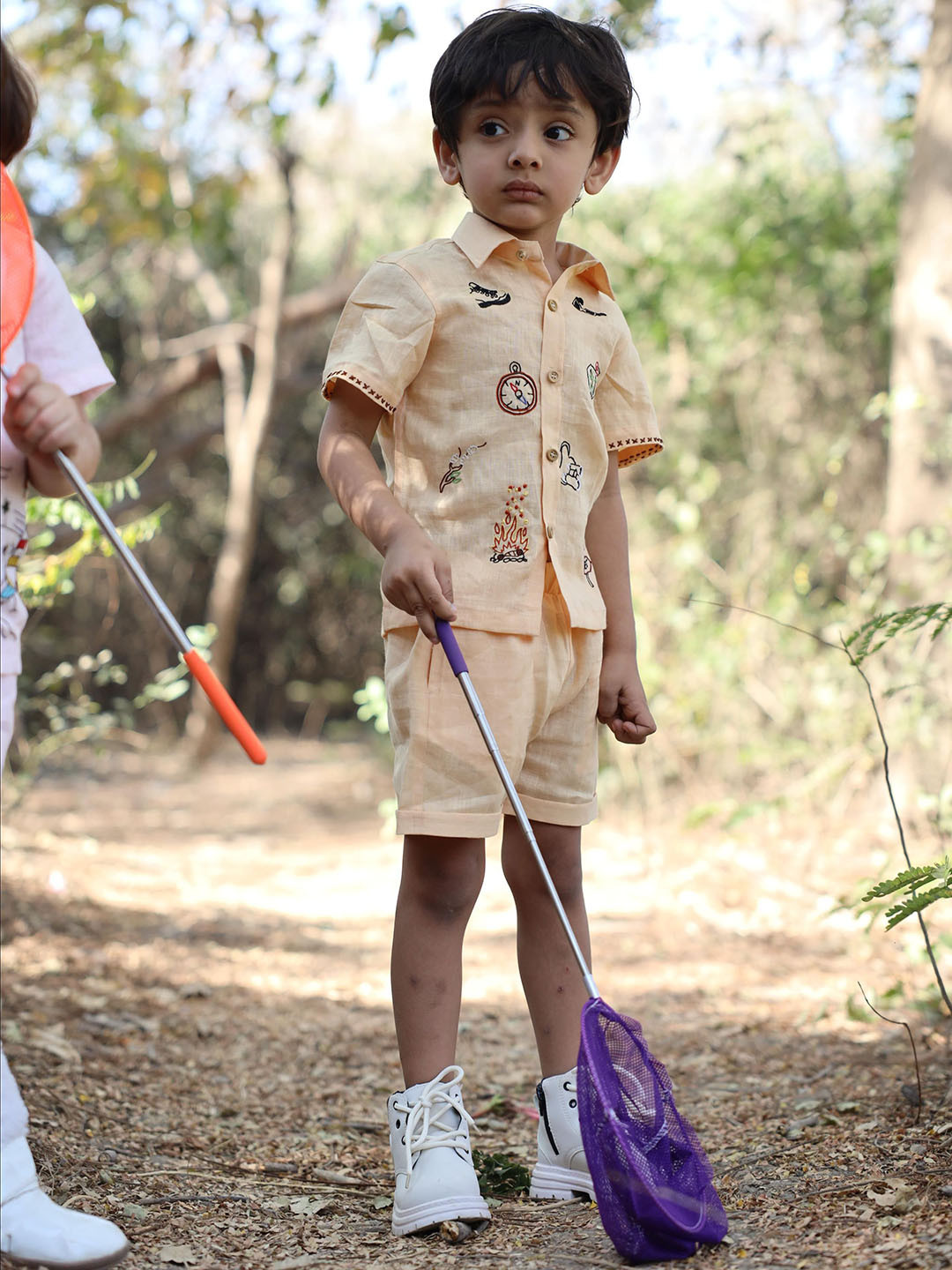 Funny Bones Clothings Boys Embroidered Linen Shirt With Shorts