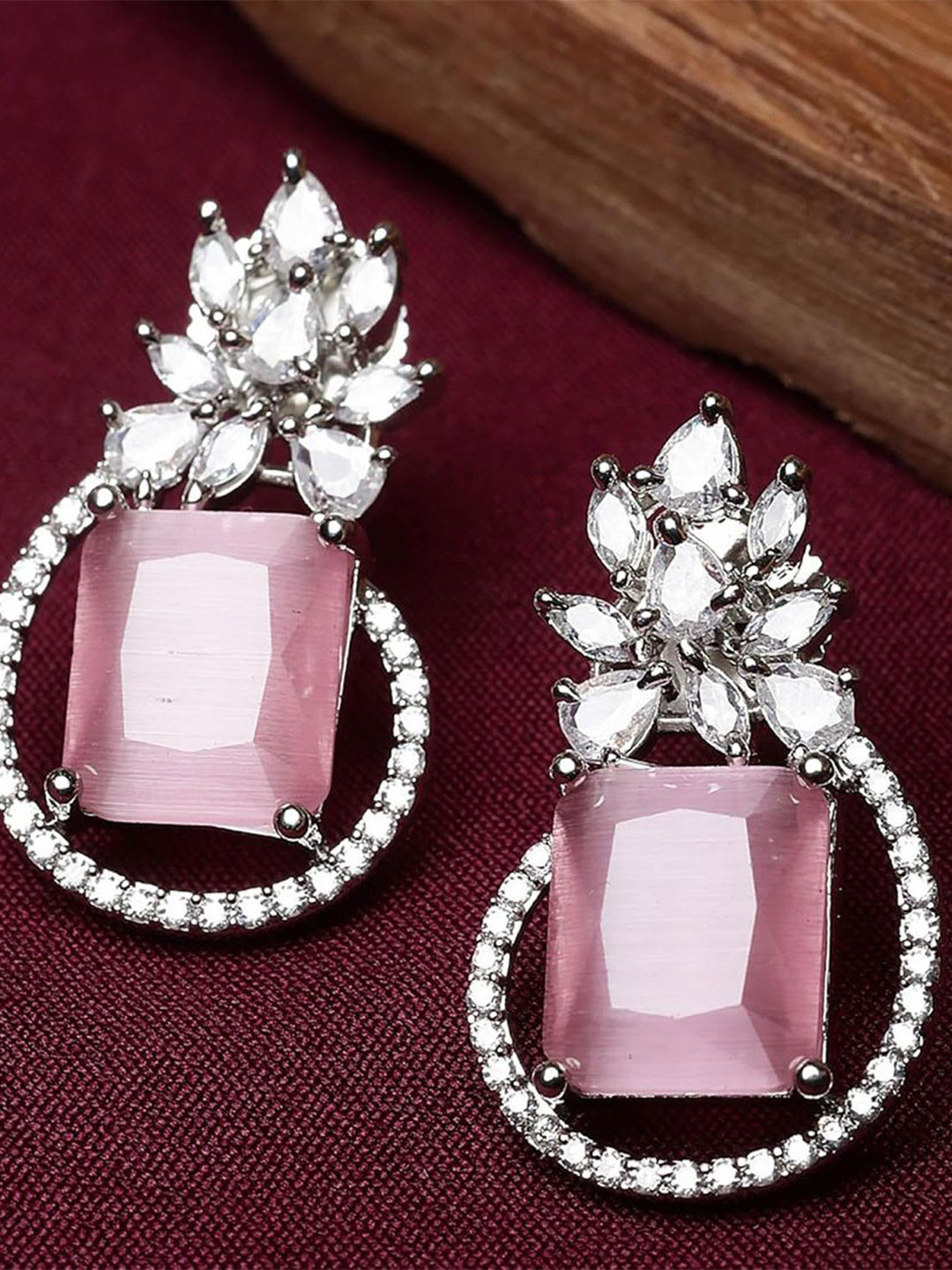 Gemron Jewel Rhodium-Plated American Diamond Studded Square Shaped Drop Earrings