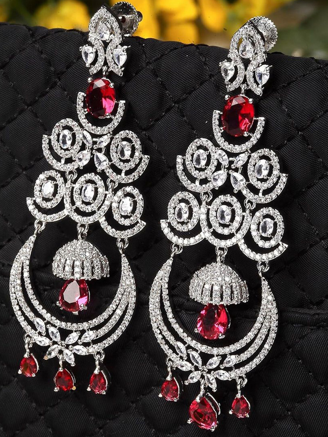 Gemron Jewel Rhodium-Plated American Diamond Contemporary Shapaed Drop Earrings