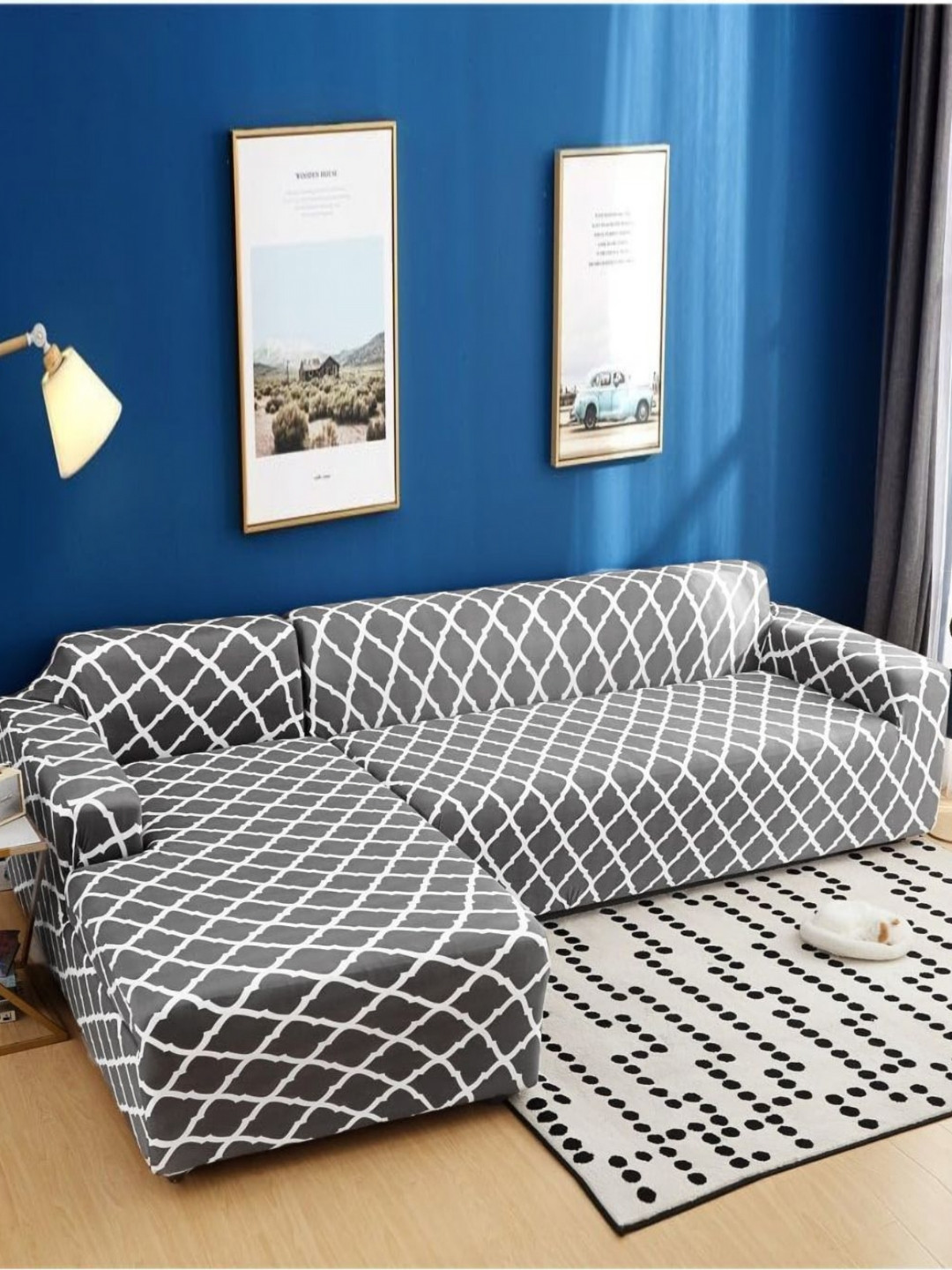 GIFTS ISLAND Grey 2 Pieces Diamond Printed 3+3 Seater L-Shape Sofa Covers With Arms