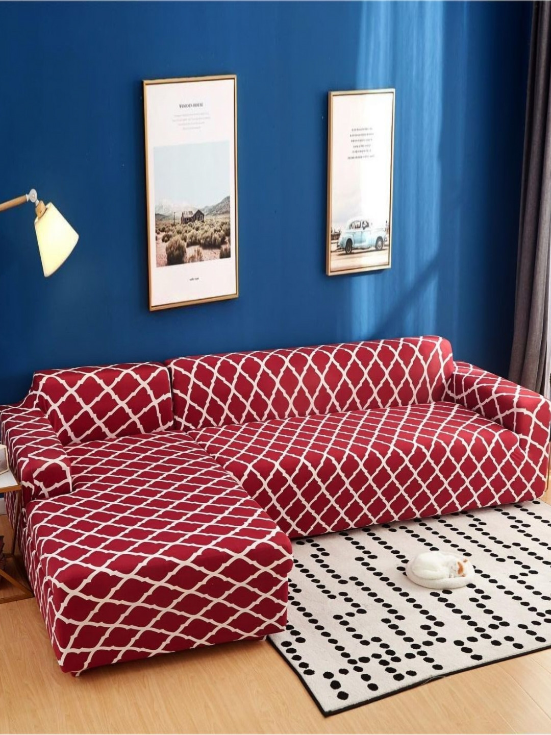 GIFTS ISLAND Maroon 2 Pieces Diamond Printed 3+3 Seater L-Shape Sofa Covers With Arms