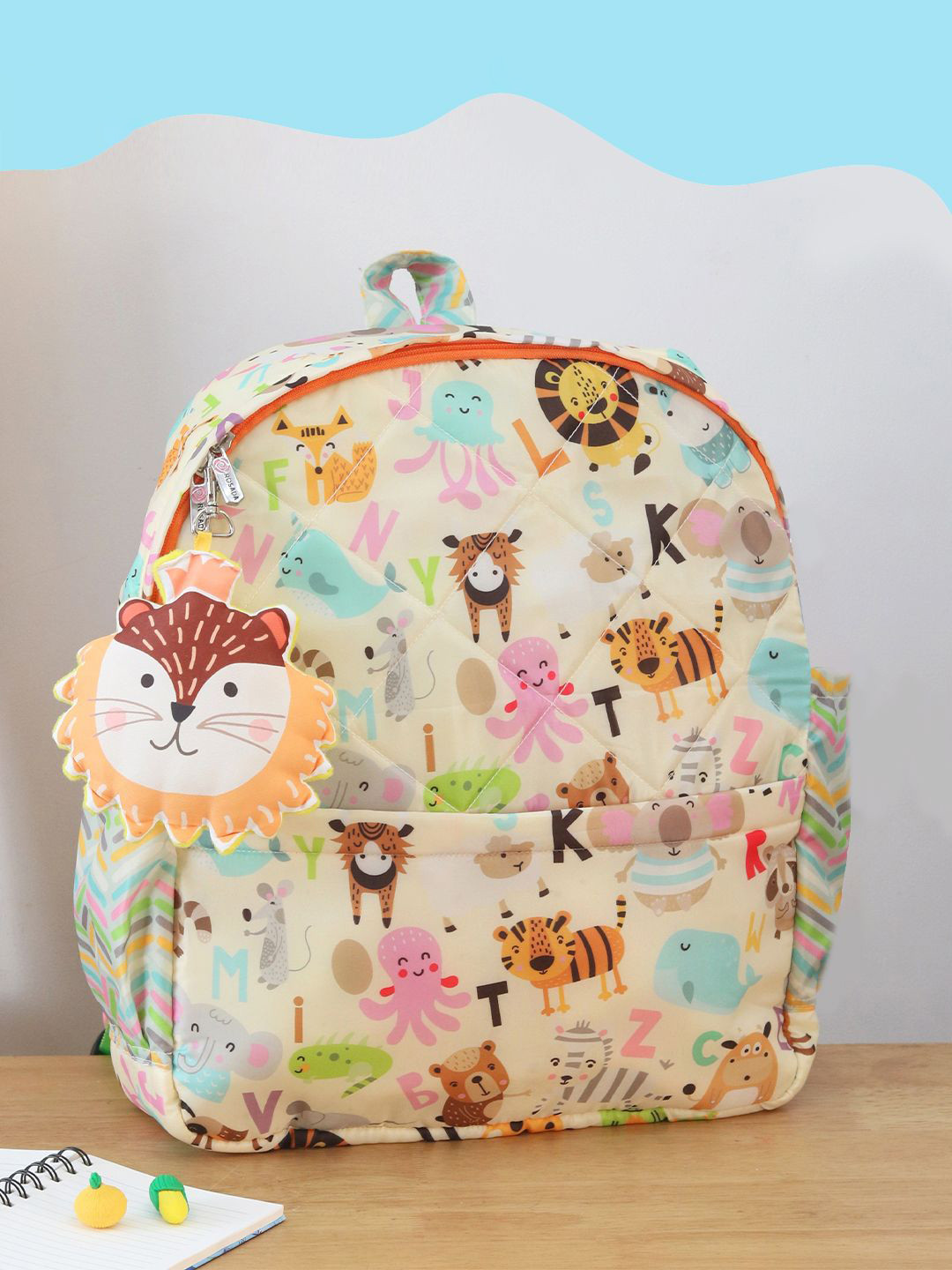 ROSADA Kids White Alphabet Printed  Waterproof Backpack With Keychain-11inch