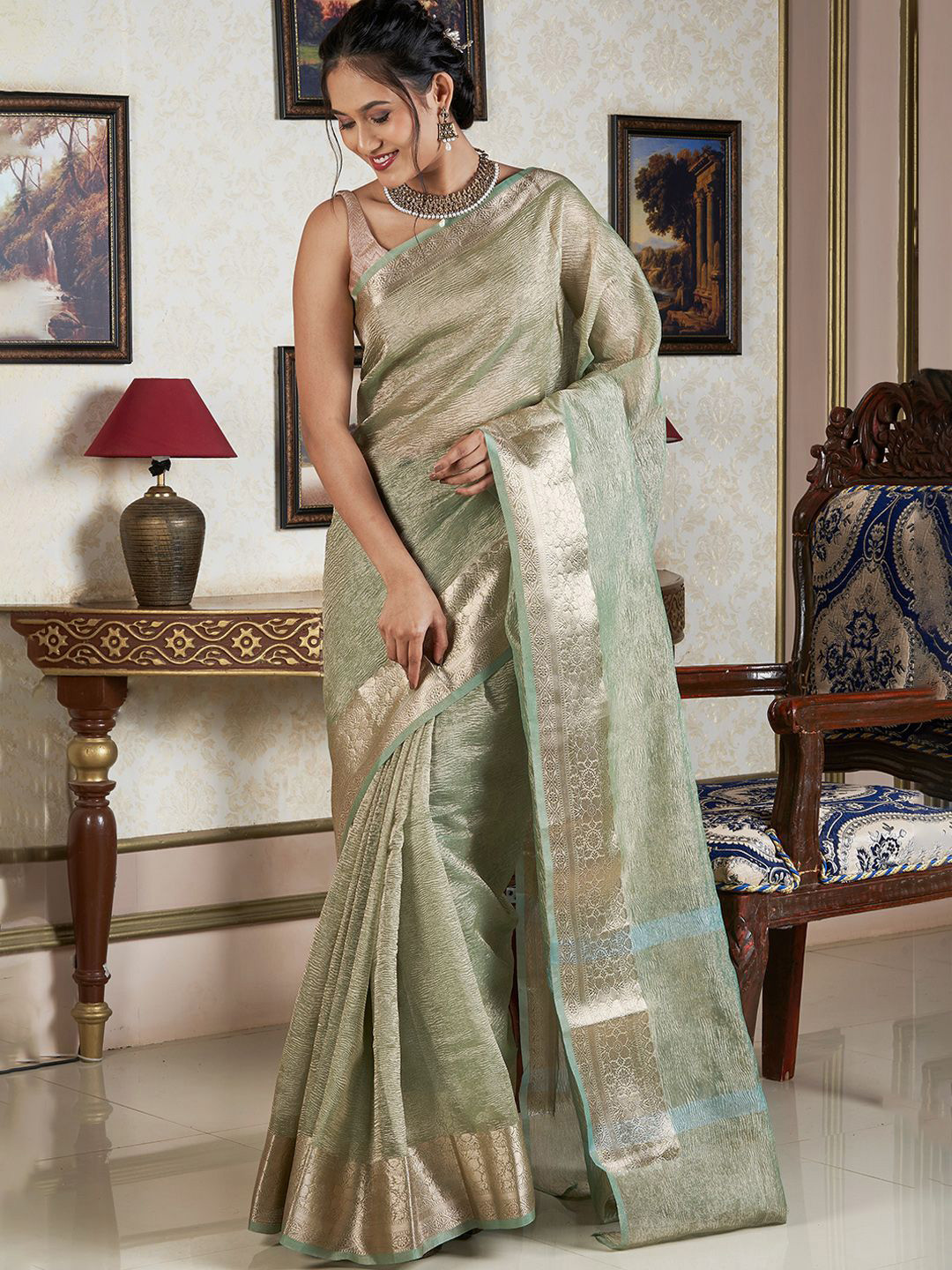 TEEJH Aabha Sage Green Semi Crushed Tissue Silk Saree
