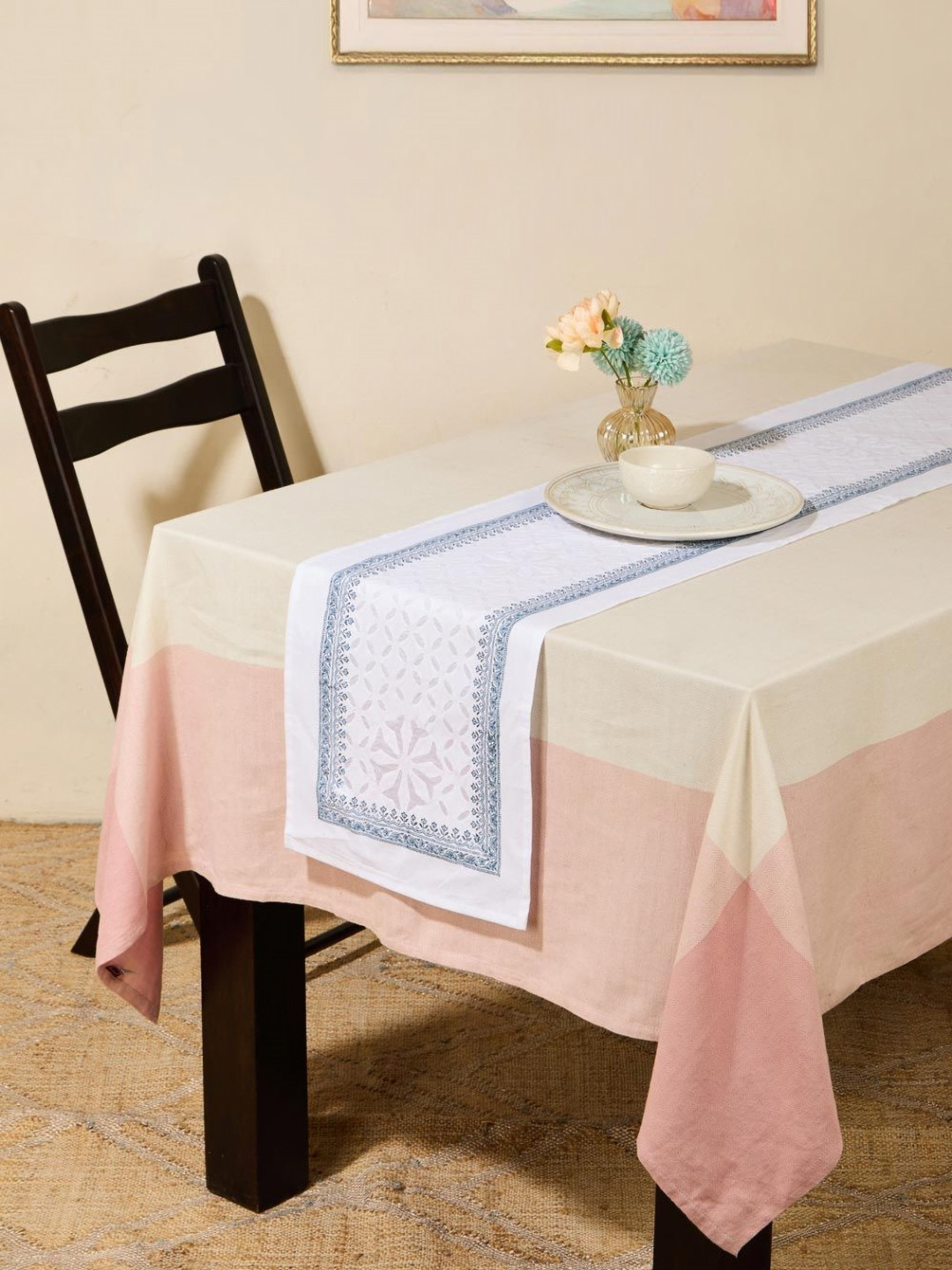Fabindia White & Blue  Sangam Applique Embroidered TableRunner