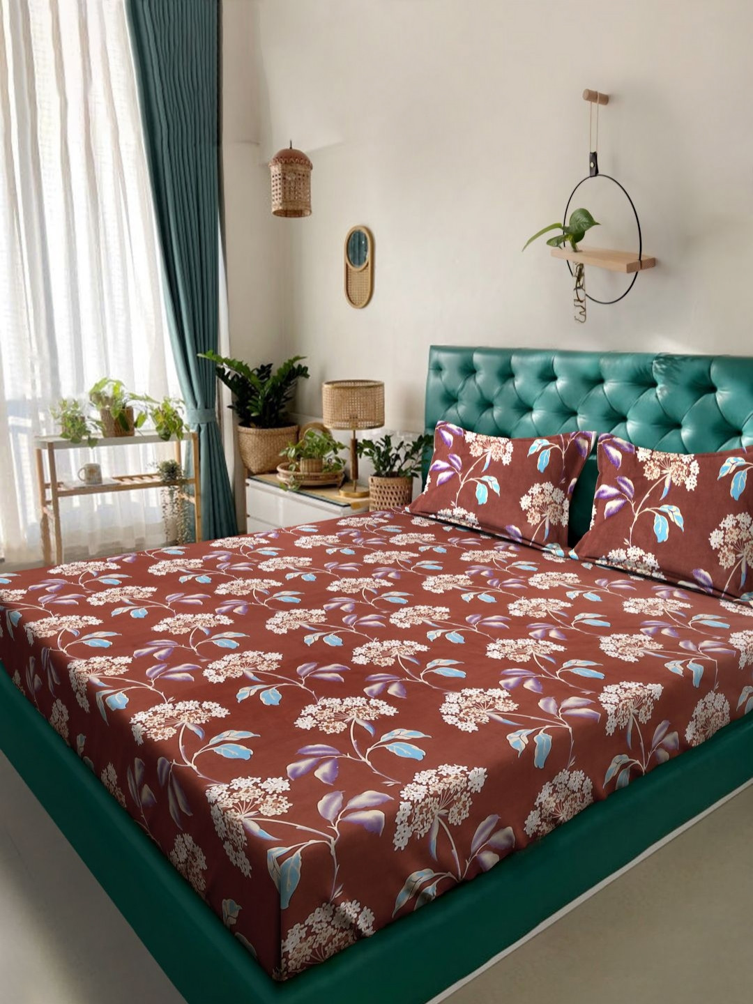 Myntra Elegant Homes Rust Floral Polycotton 300 TC King Fine Bedsheet with 2 Pillow Covers-106 x 106 inches