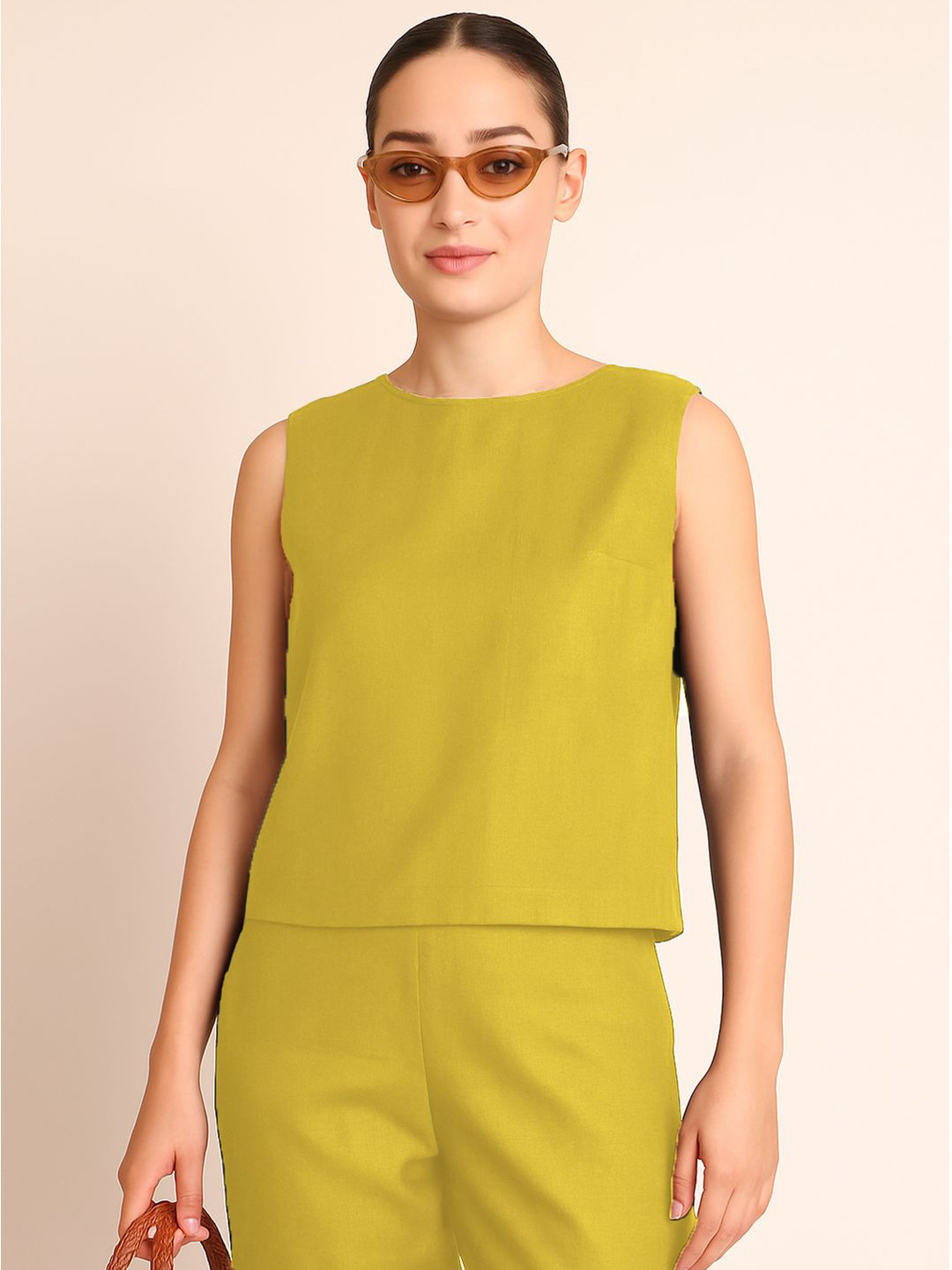 Aoba Green Solid Linen Co-ord Set - Top & Trousers
