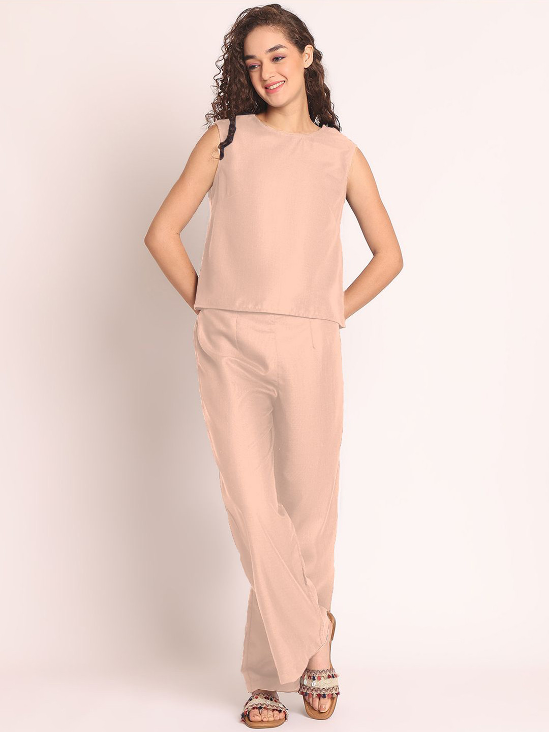 Aoba Women Pink Solid Round Neck Sleeveless Top with Trousers Co-Ords