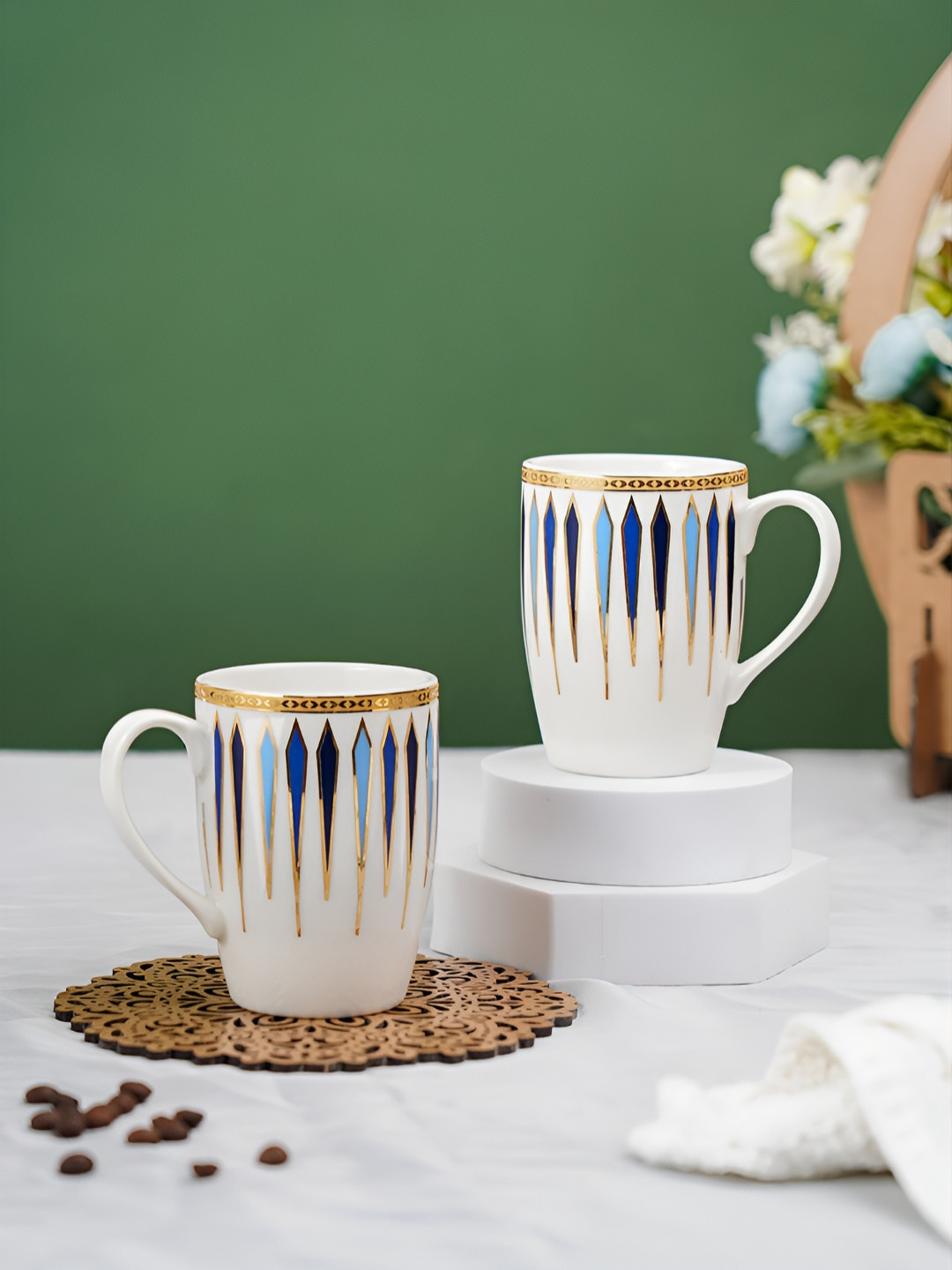 Vola Global LLP Premium White Geometric Opalware Microwave Safe 2 Piece Mugs-230ml