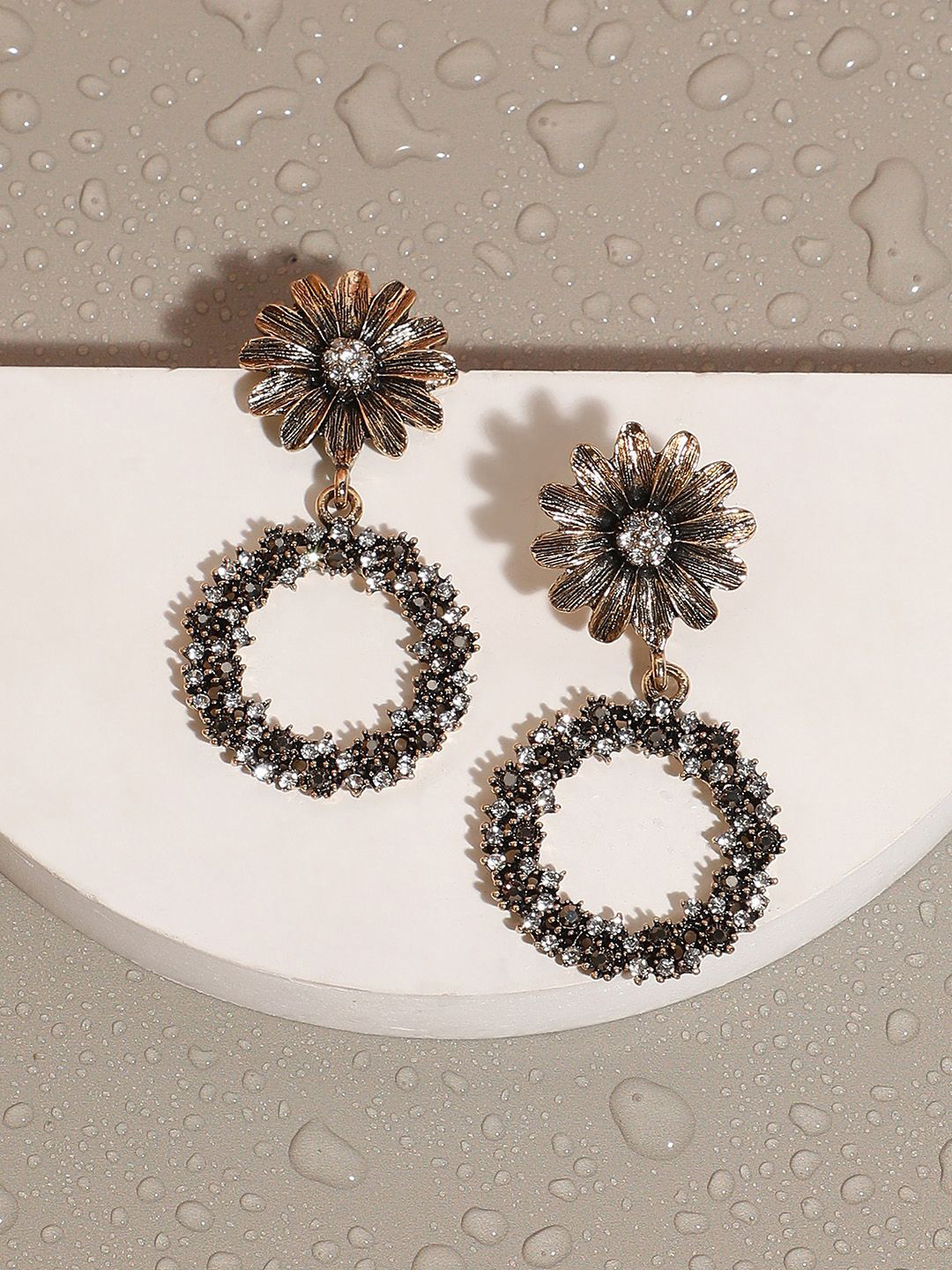 DressBerry Gold-Plated Artificial Stones Studded Circular Intricate Daisy Drop Earrings