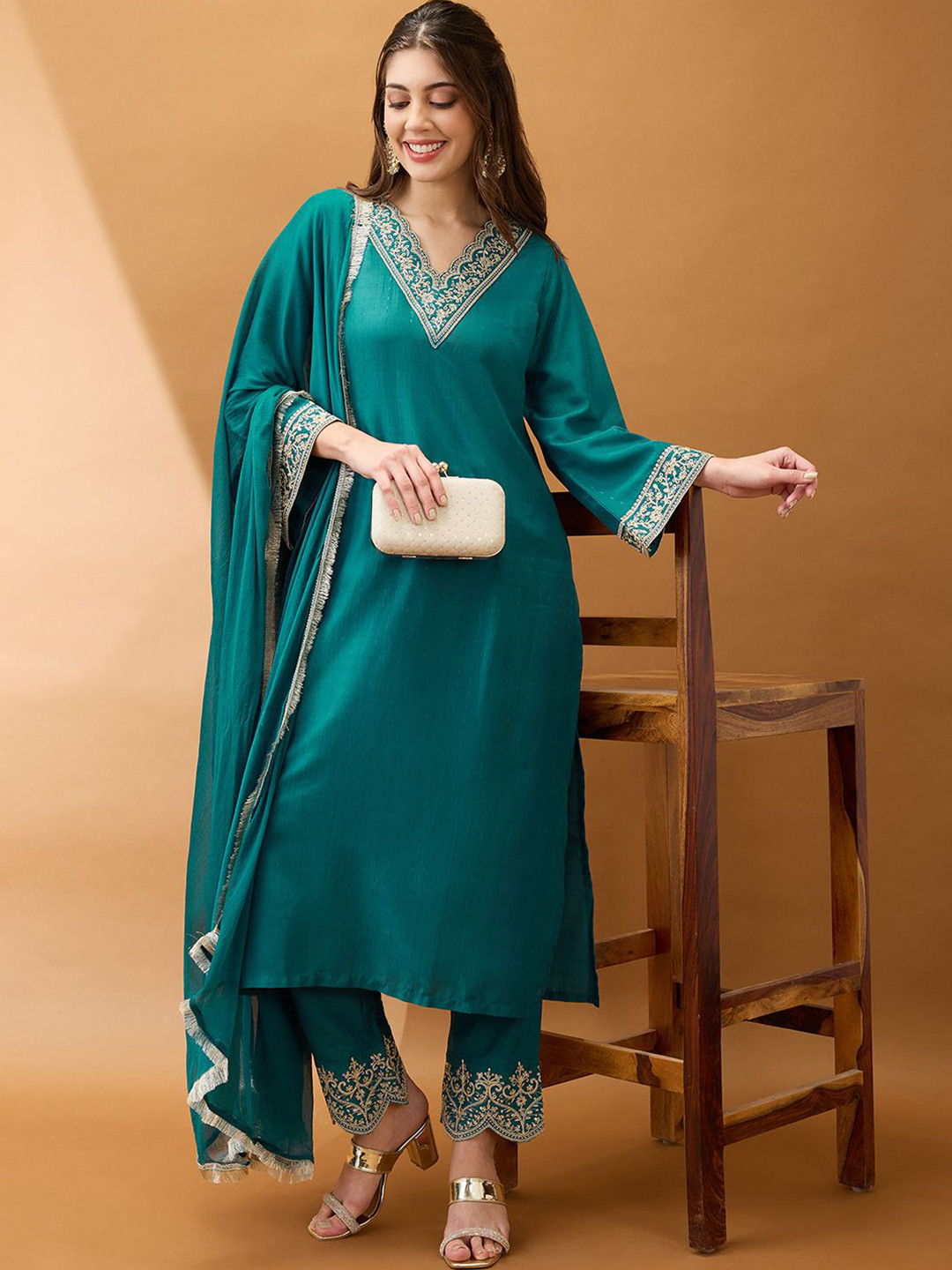 Globus Sequinned Zari Embroidered V-Neck Bell Sleeves Kurta Pants & Dupatta