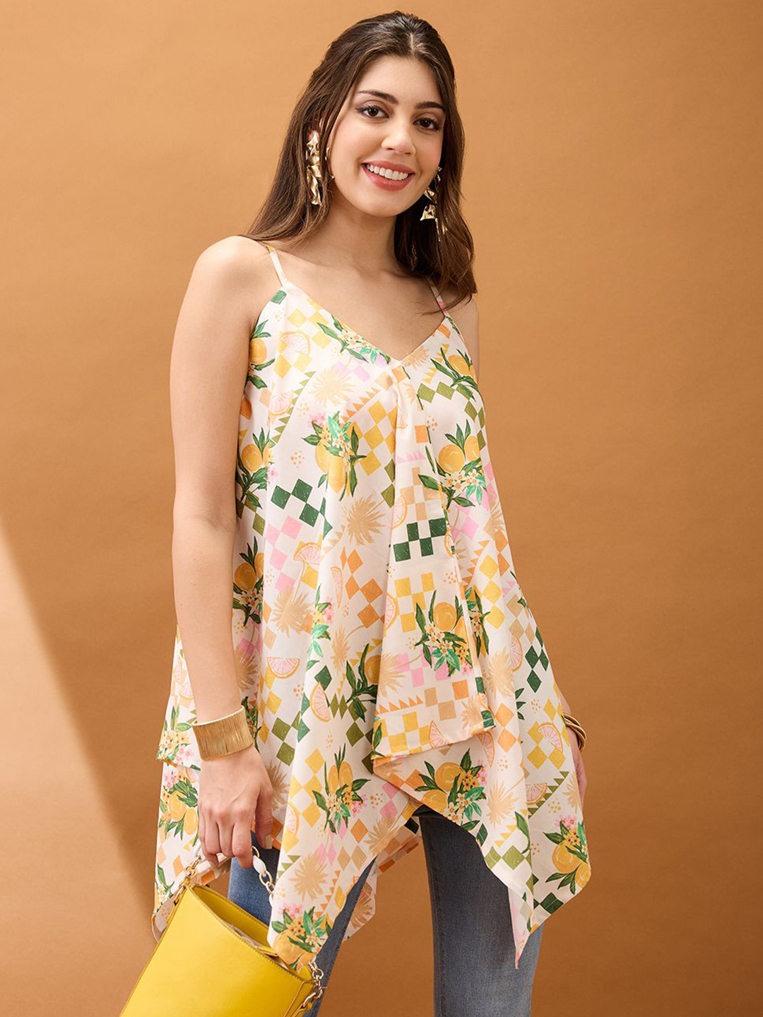 Globus V-Neck Strappy Shoulder Floral & Fruit Print Asymmetric Hem Fusion Tunic