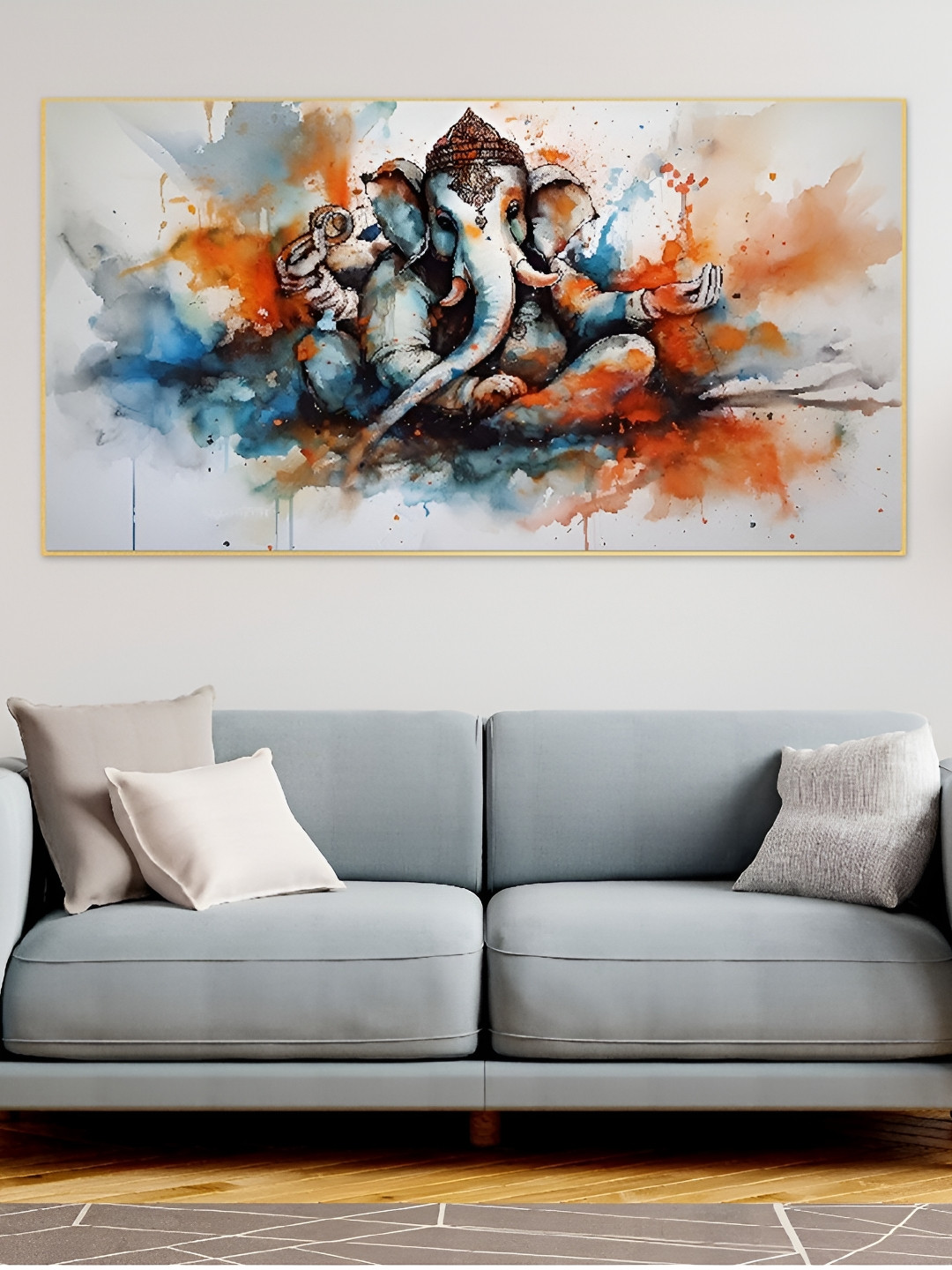 DEKORSTATION White & Blue Coloured Lord Ganesha Printed Canvas Wall Art