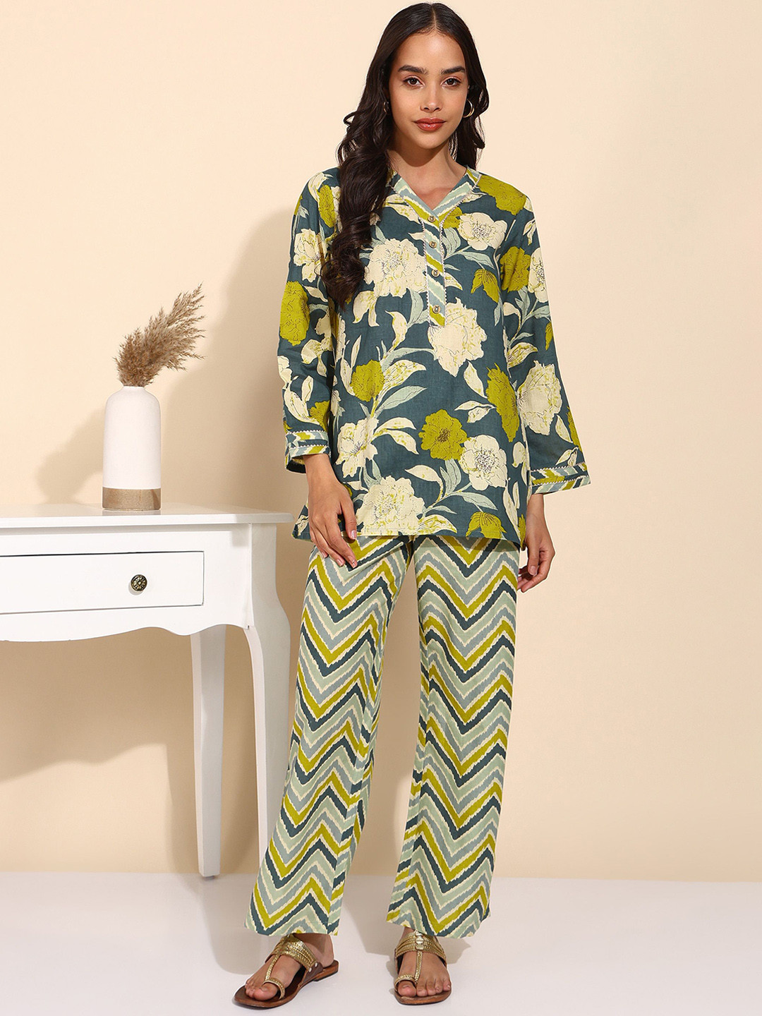 Asami Printed V-Neck Tunic With Trousers Co-Ords