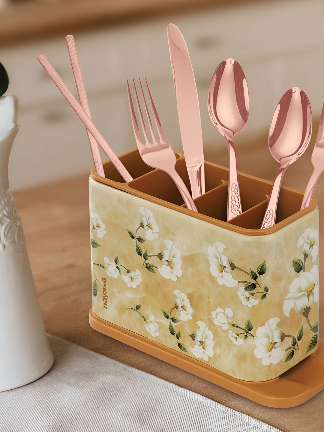 Nayasa Tobler Marble Cutlery Stand, Multi-Purpose Table Organizer, Cream