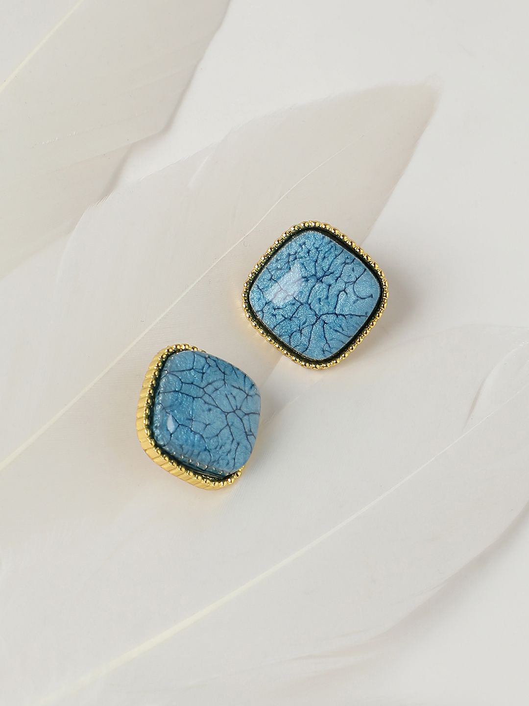 DressBerry Gold-Plated Artificial Stones Studded Square Shaped Veined Studs