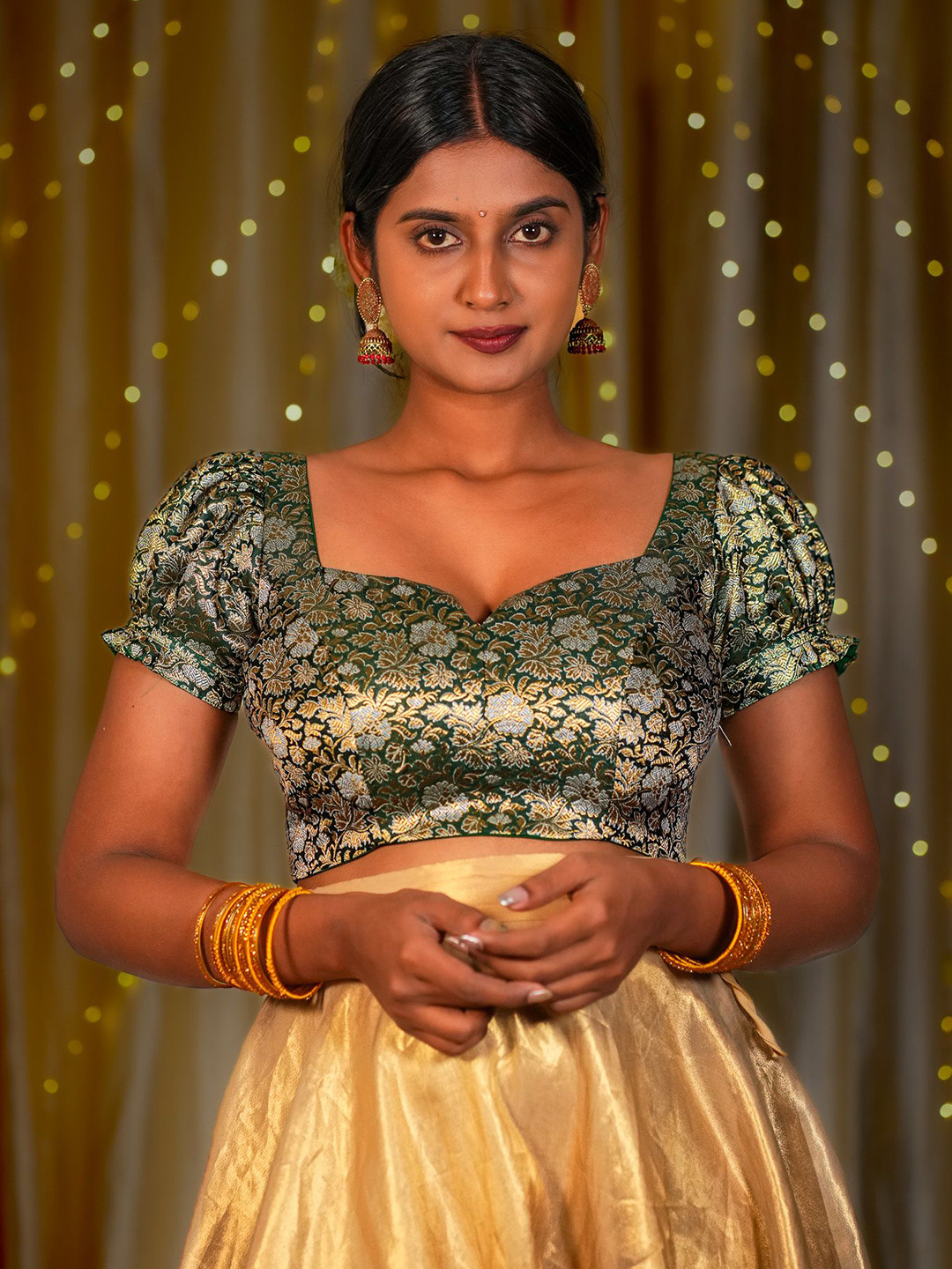 I LOVE SAREES Women Green Woven Designed Sweet Heart Neck Saree Blouse