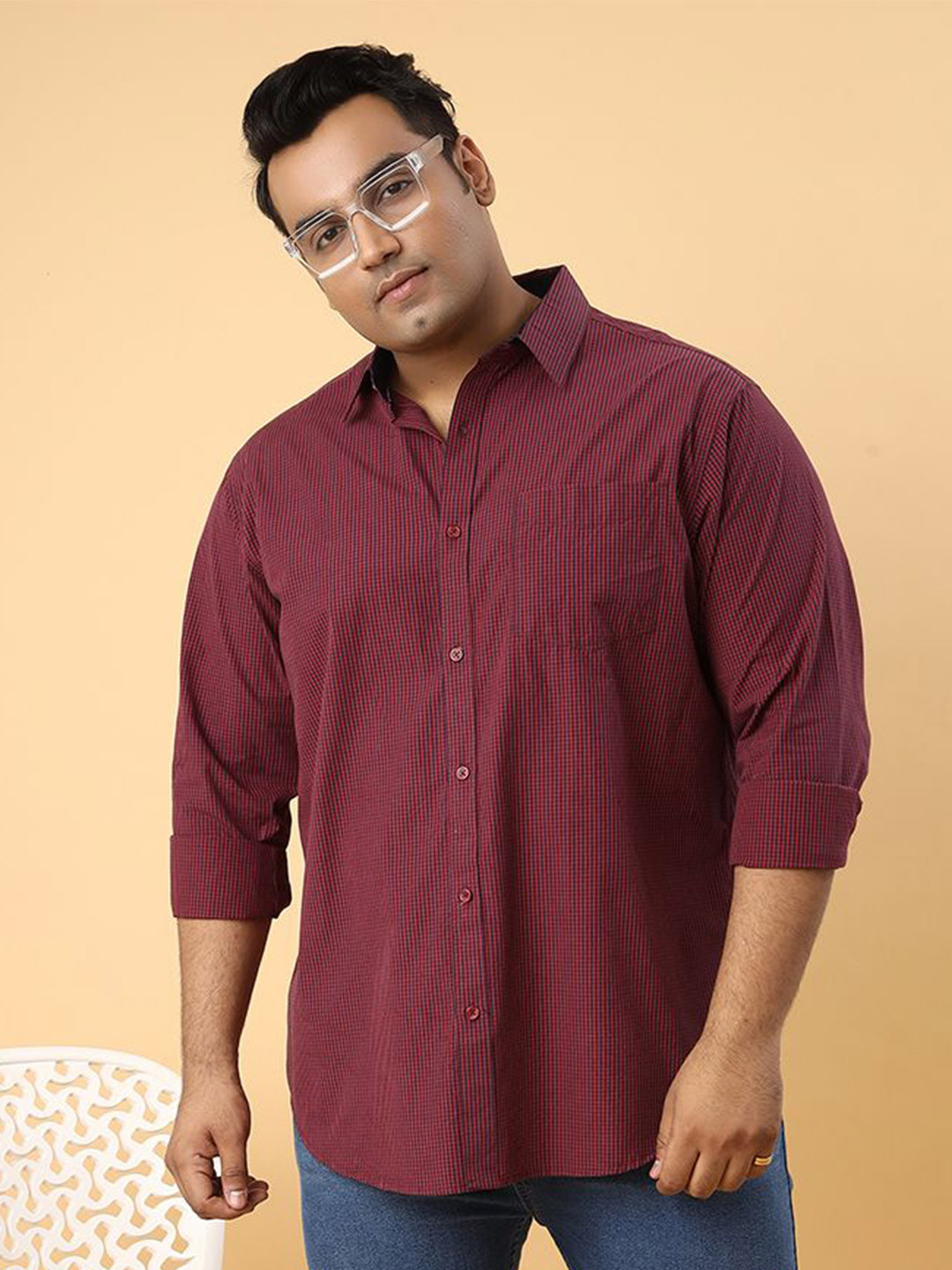 NEON CHILLIE Mens Gingam Checks Cotton Full Sleeve Spread Callor Full Sleeve Shirt