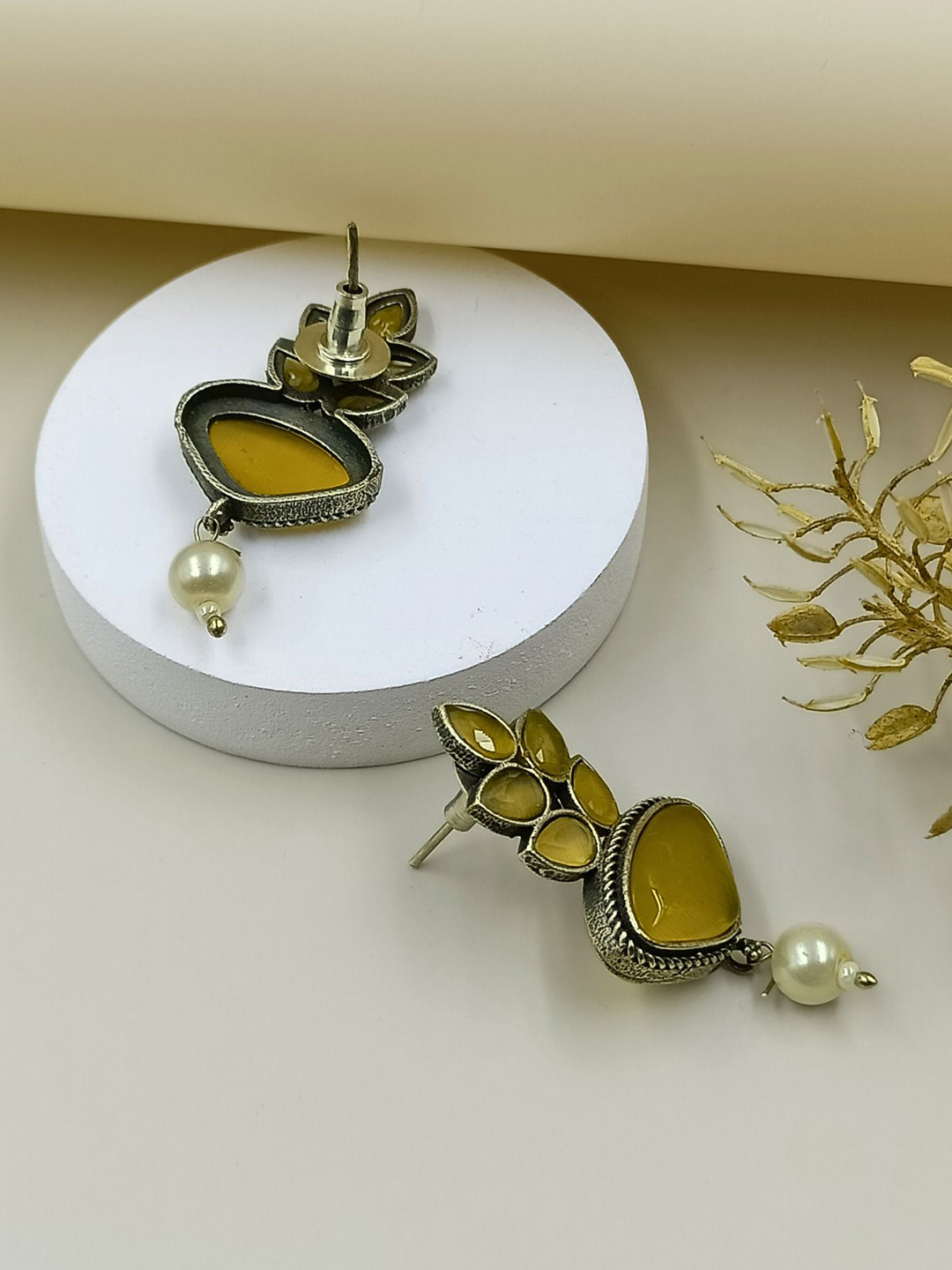 BLACKBOX Artificial Stone Studded Oxidised Feather Style Drop Earring