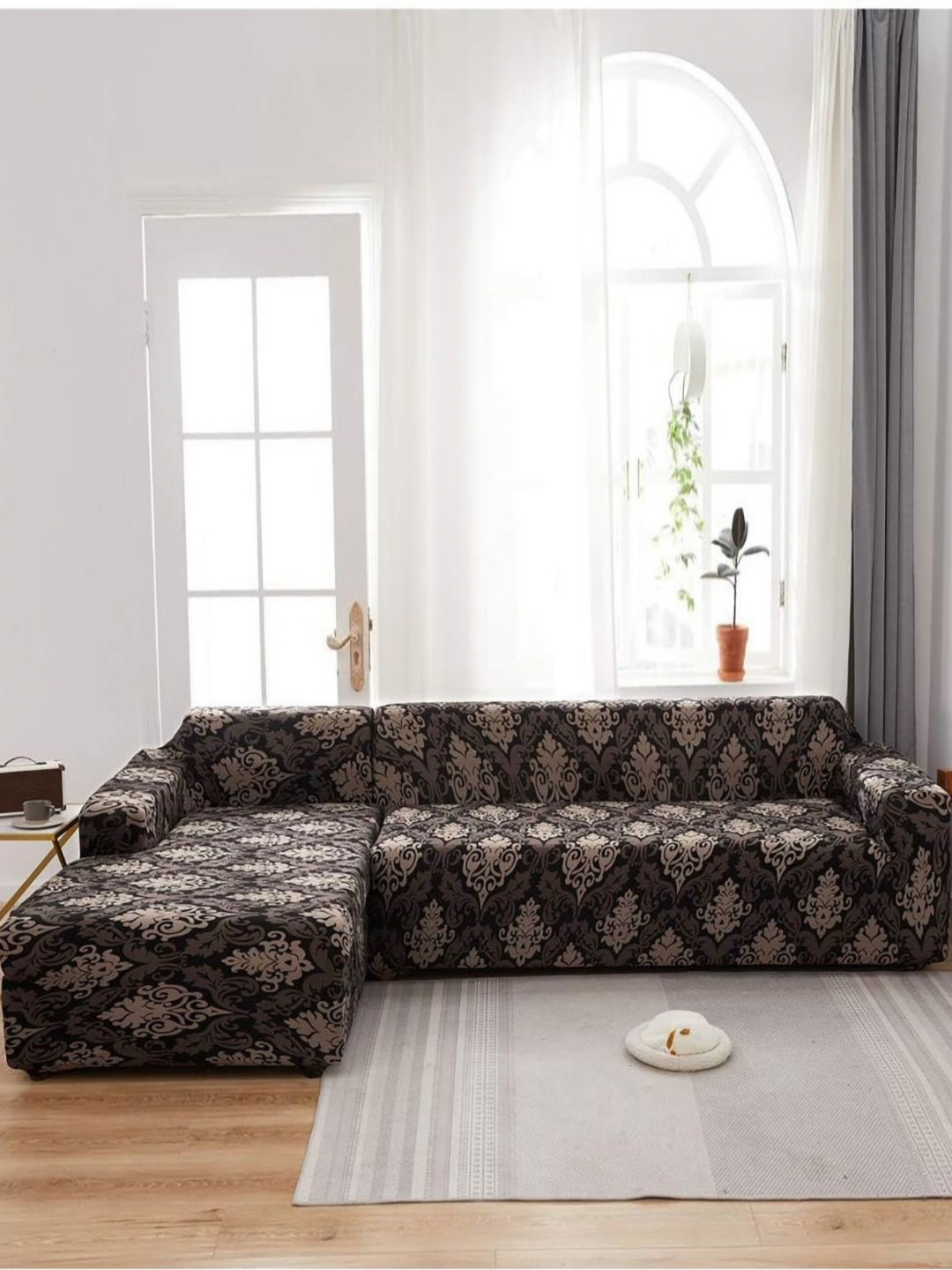 GIFTS ISLAND Brown & Black 2 Pieces Printed 3+3 Seater L-Shape Sofa Covers With Arms