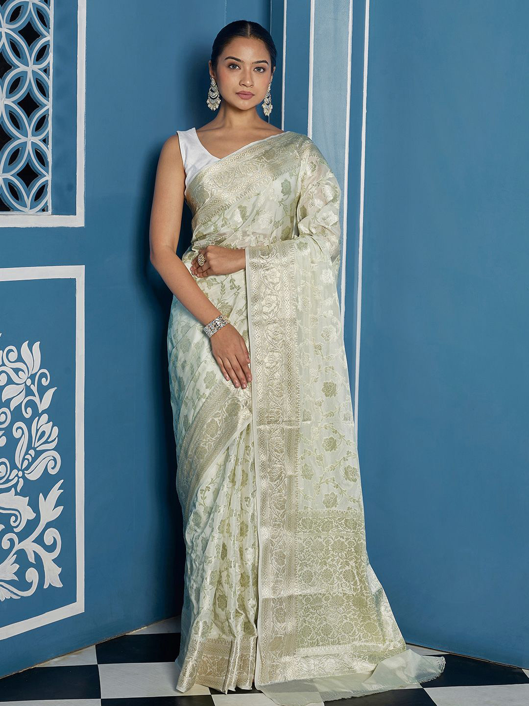 TEEJH Raseeka Ivory Banarasi Semi Georgette Jaal Weaving Saree