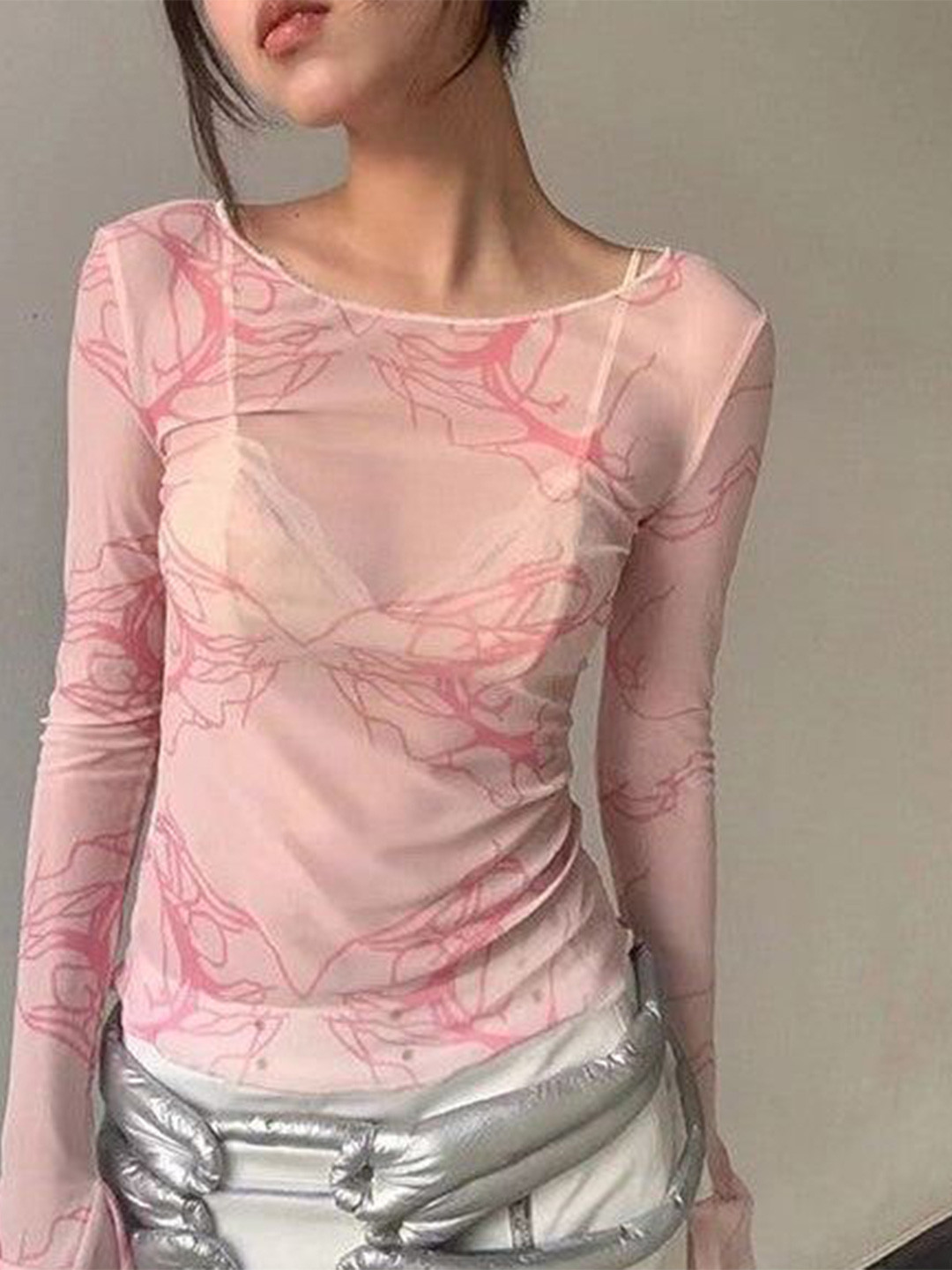 Outzidr Pink Raw Hem Mesh Top