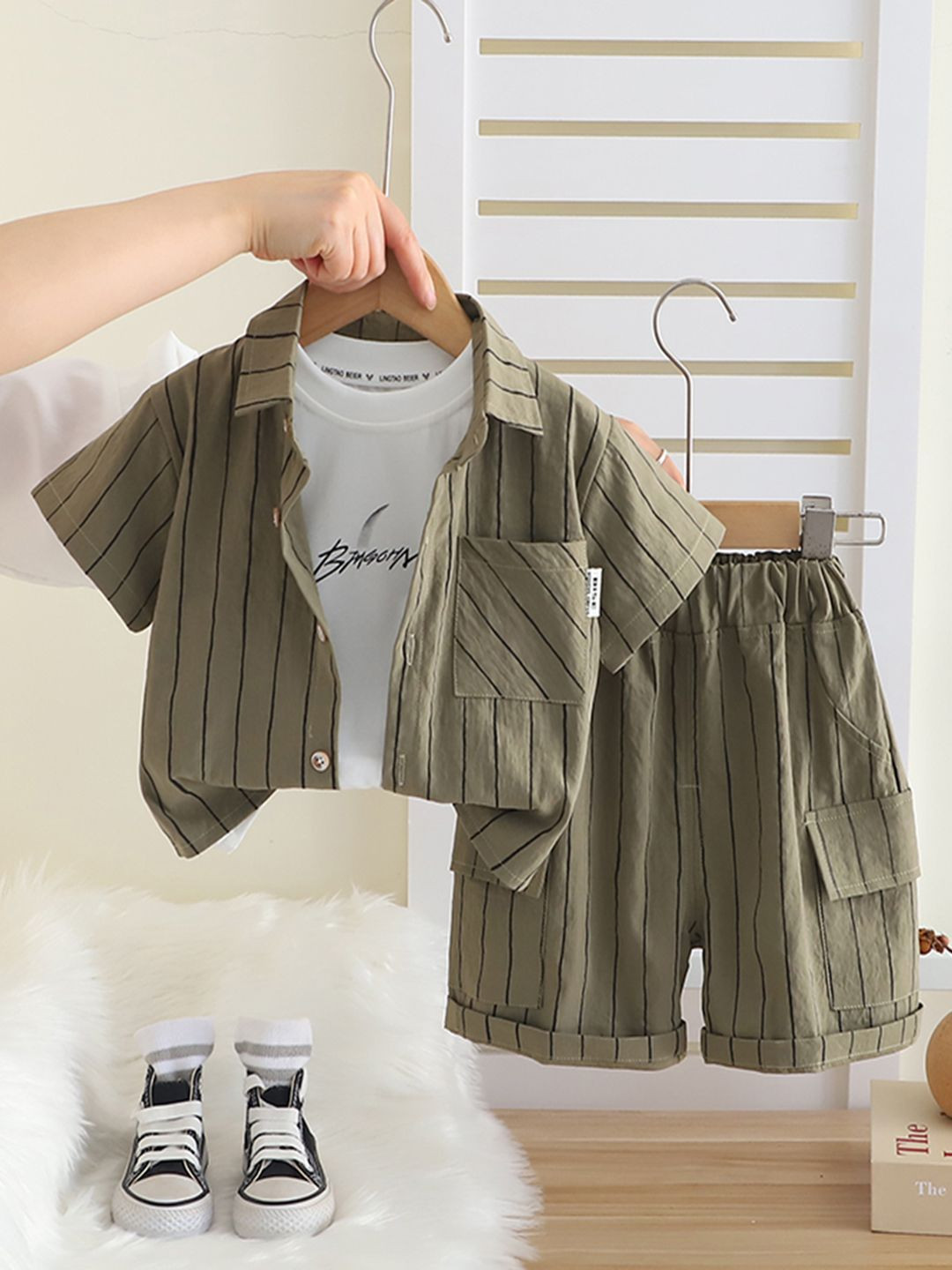 INCLUD Boys Striped Short Sleeves Shirt With T-Shirt And Cargo Shorts