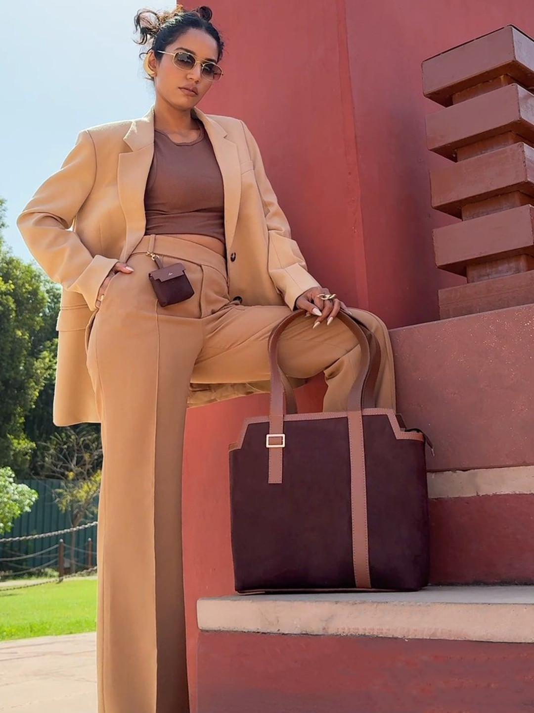 TANN TRIM Suede Oversized Structured Handheld Bag with Applique