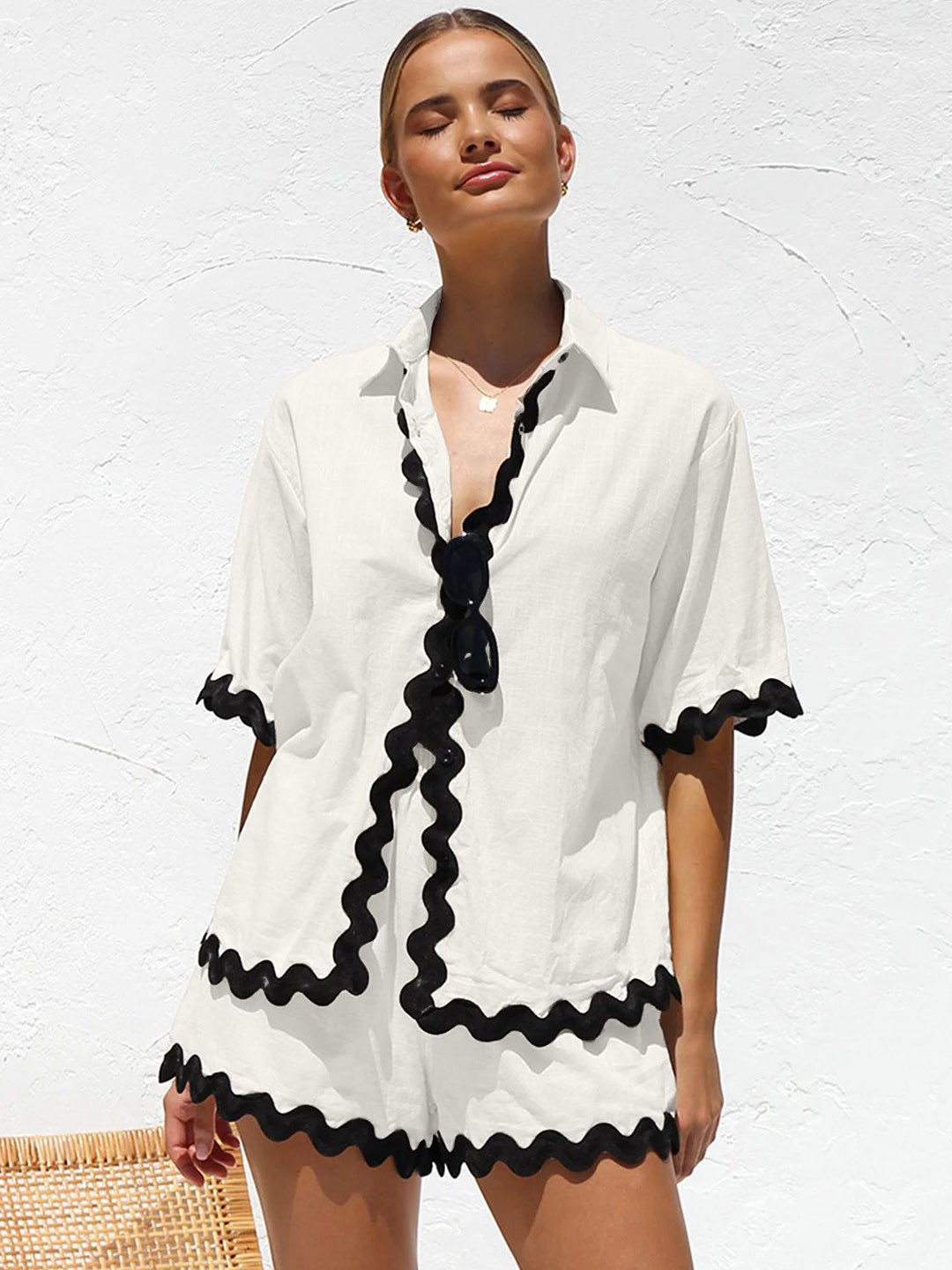 all about you Lace Shirt Collar Neck Shirt With Shorts Co-Ords