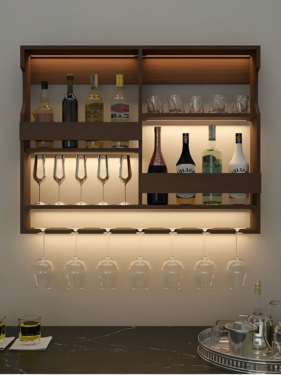 DEKORSTATION Brown Walnut Finish Wood Bar Wall Shelf