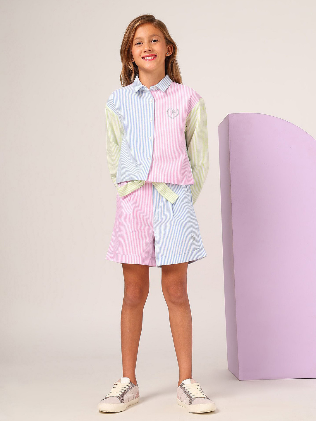 U.S. Polo Assn. Kids Girl Striped Shirt Collar Cuffed Sleeves Pure Cotton Top