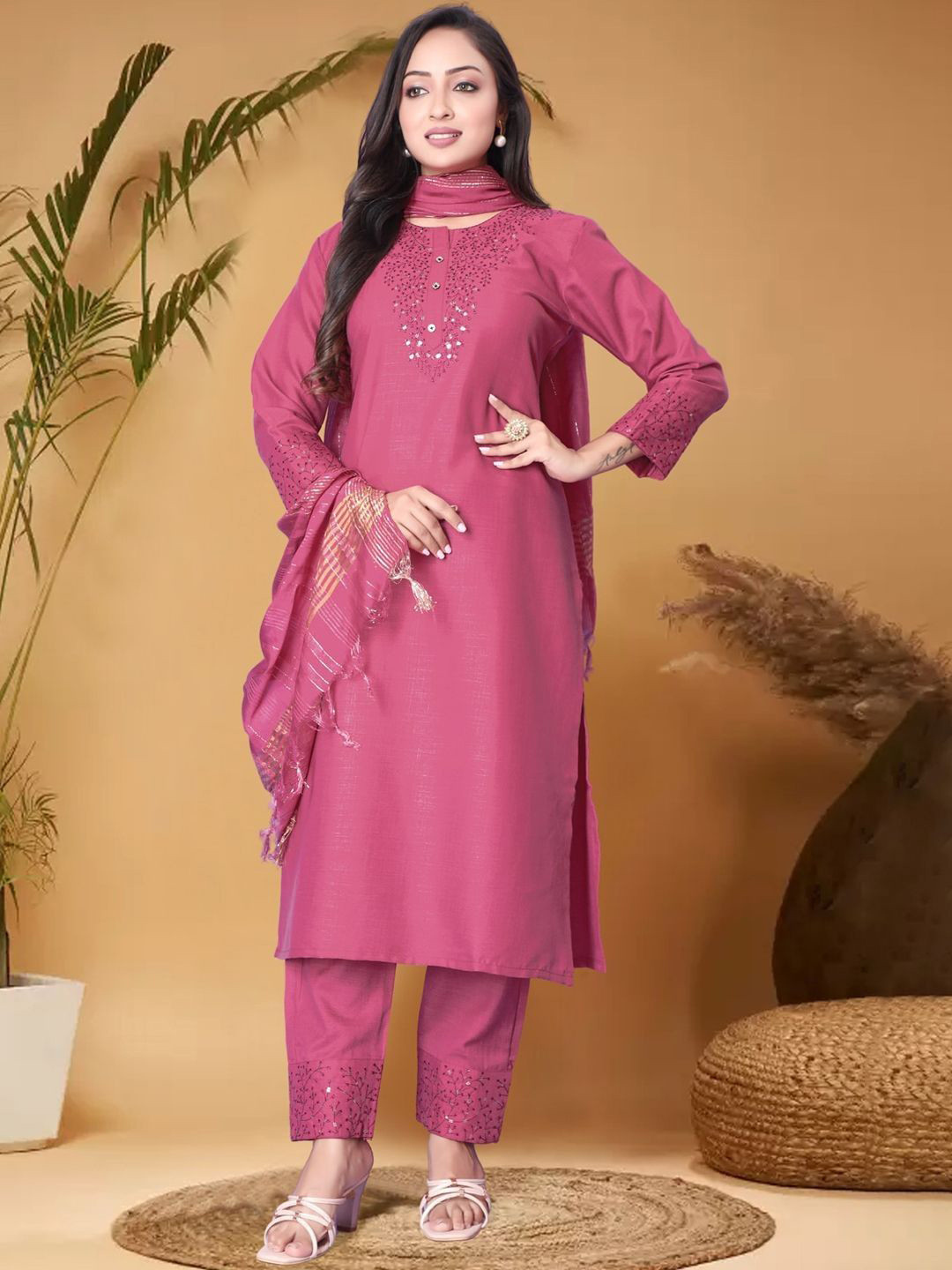 devkison Designer Women Paisley Embroidered Regular Kurta with Churidar & With Dupatta