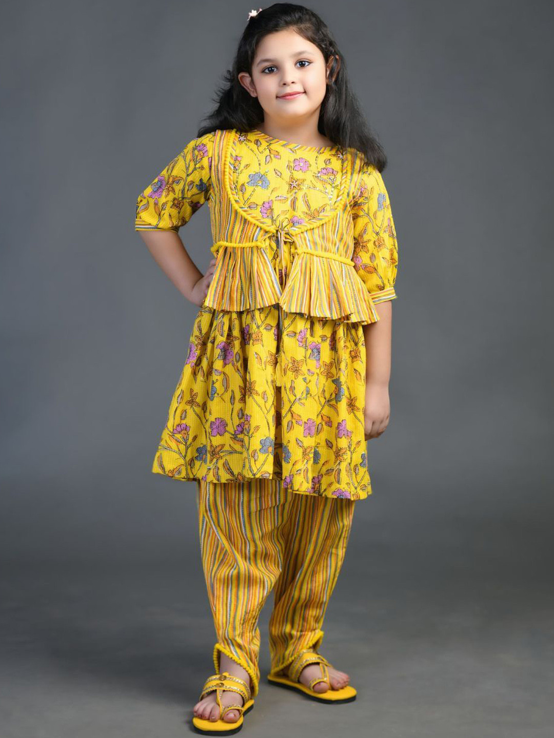 Chanda Mama Girls Floral Printed Regular Pure Cotton Kurti with Dhoti Pants