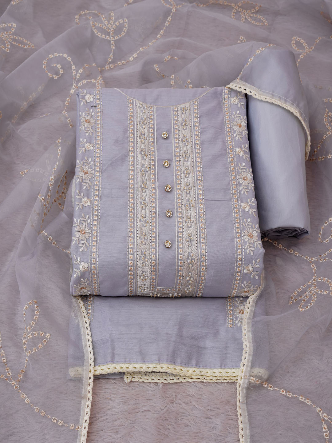 TAVAS Floral Embroidered Beads And Stones Unstitched Dress Material