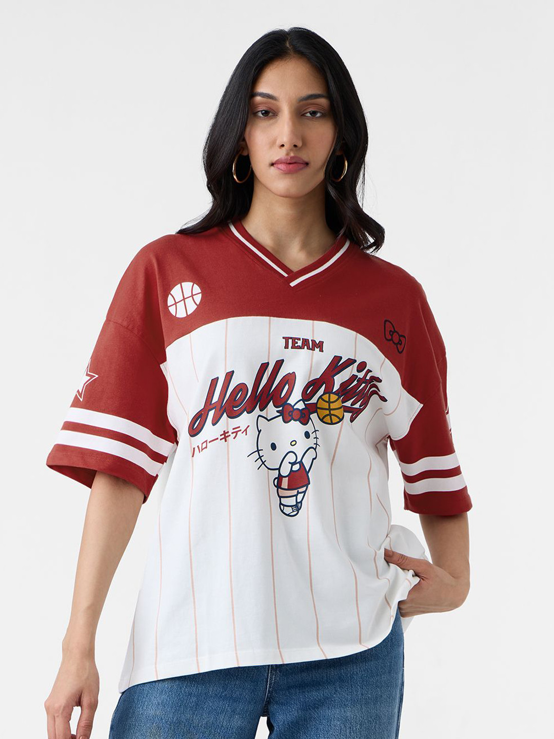The Souled Store Oversized Varsity Hello Kitty Typography Printed Pure Cotton T-Shirt