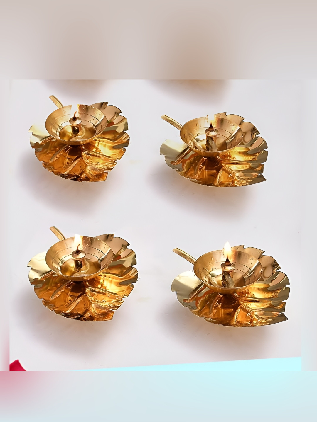 Aura 4-Pcs Yellow Textured Brass Leaf Diyas
