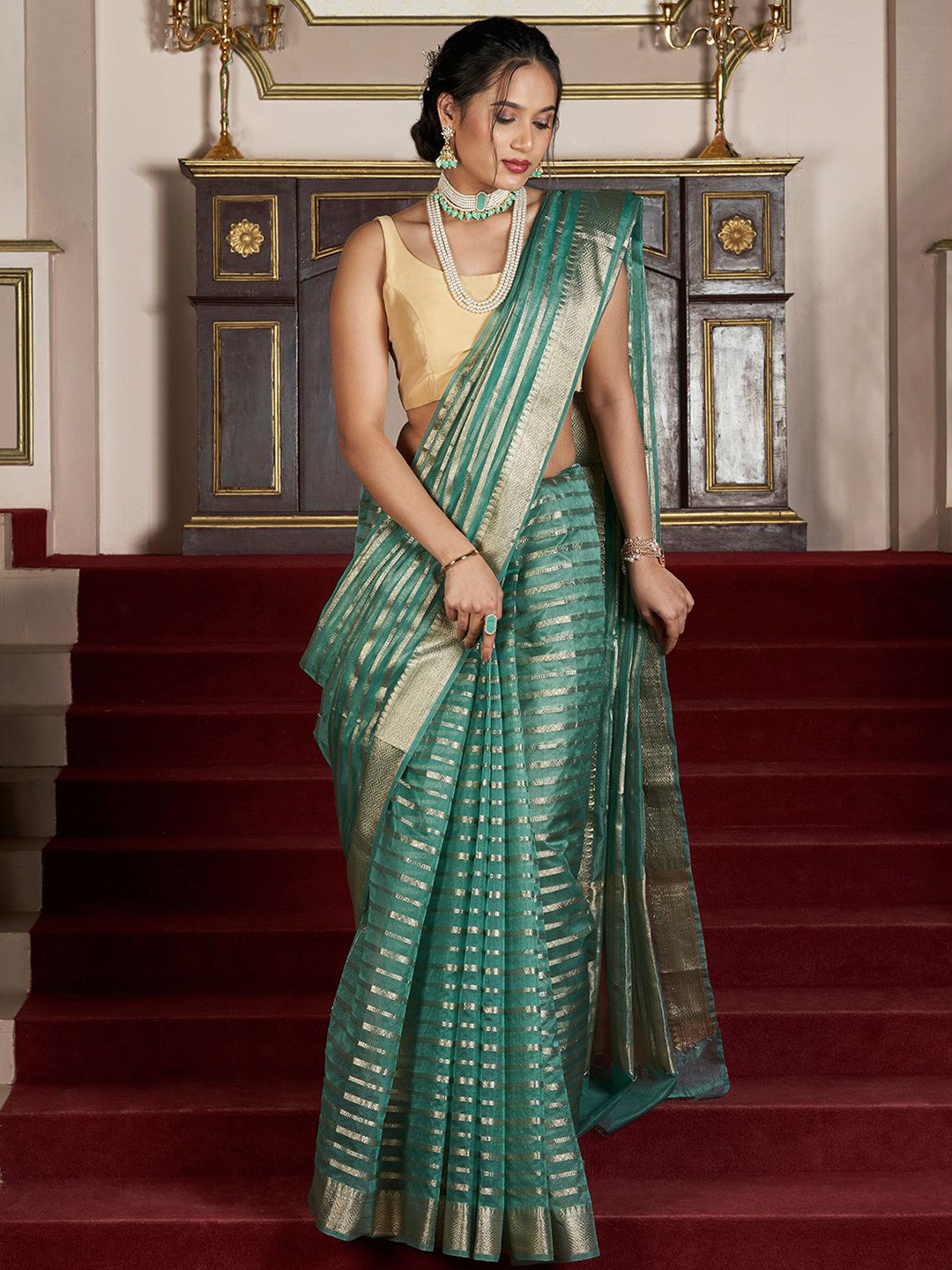 TEEJH Mahee Turquoise Organza Lining Saree